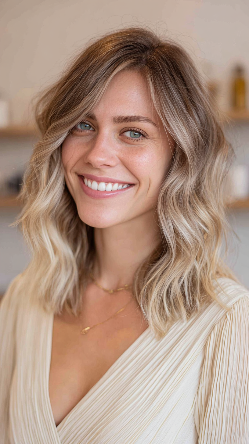 Wavy blonde lob with dark shadow root and face framing