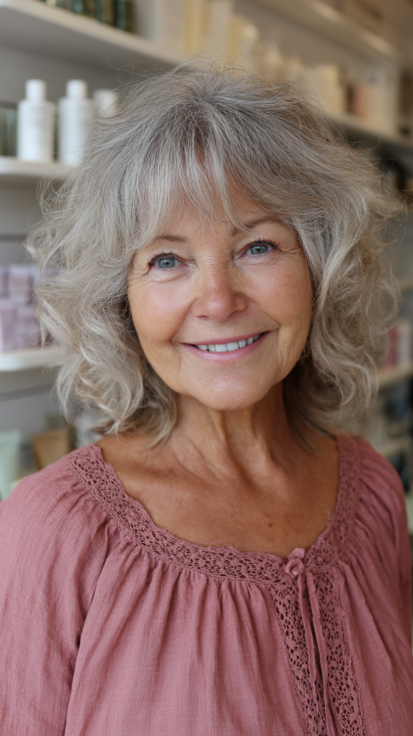 Medium silver gray curly choppy shag with wispy bangs