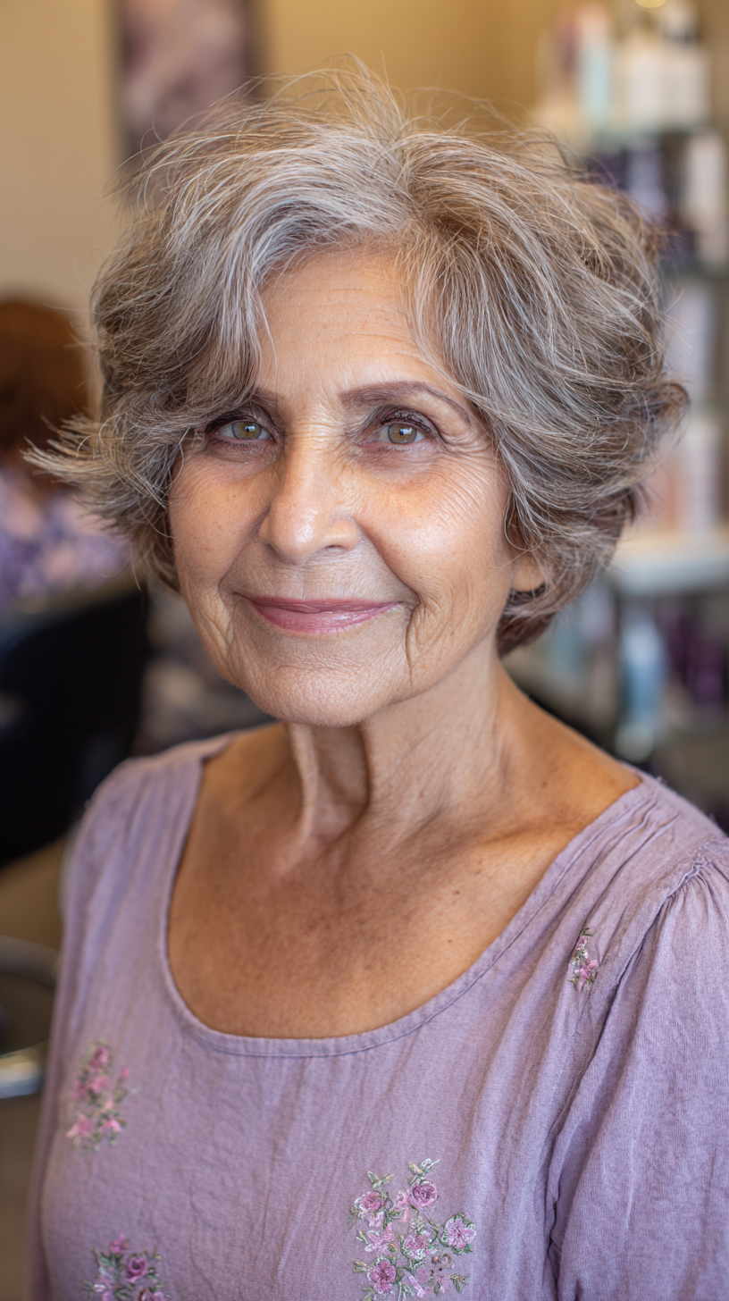 Short silver gray choppy shag with piecey layers