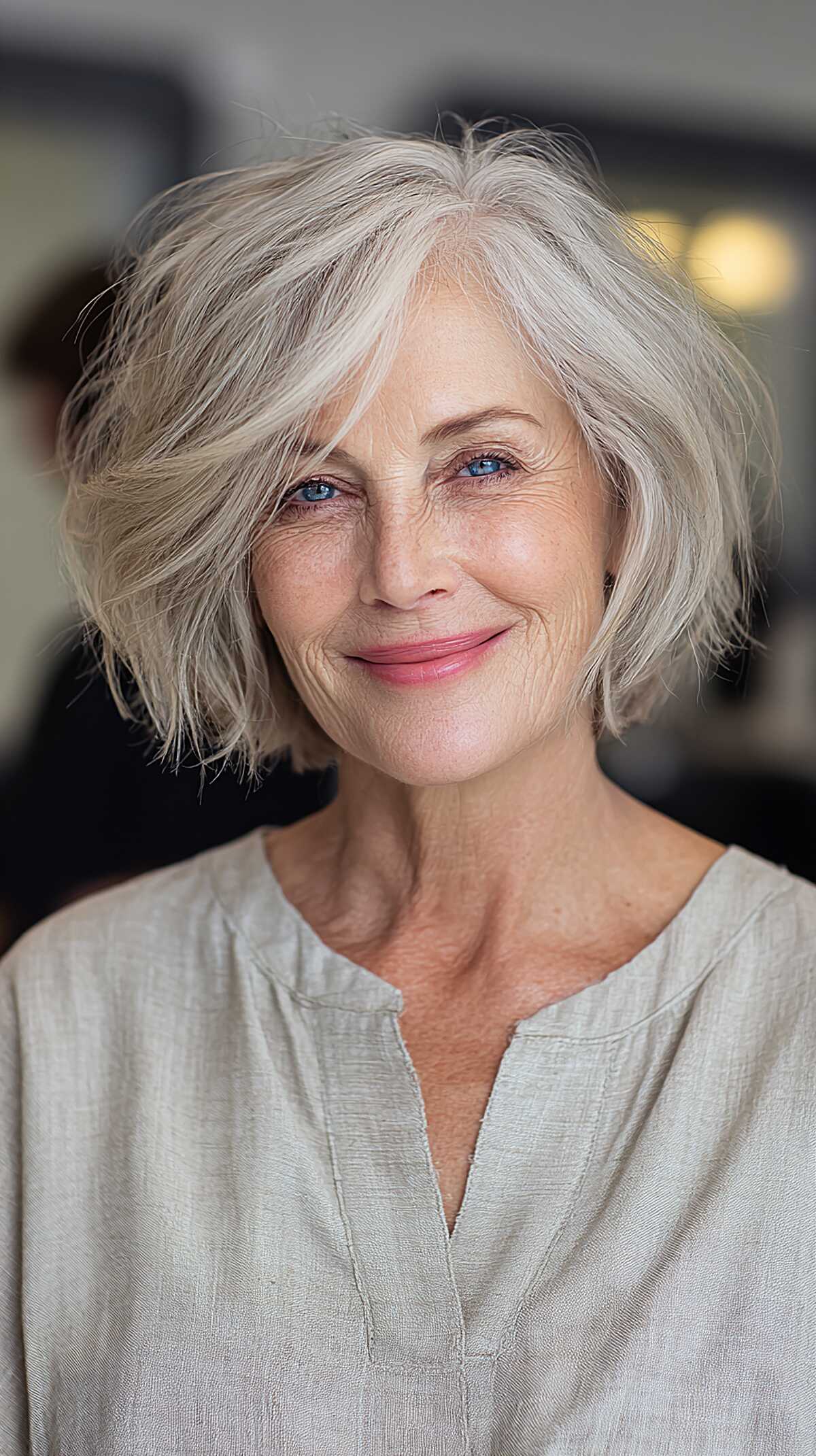 Silver choppy bob with soft side-swept layers