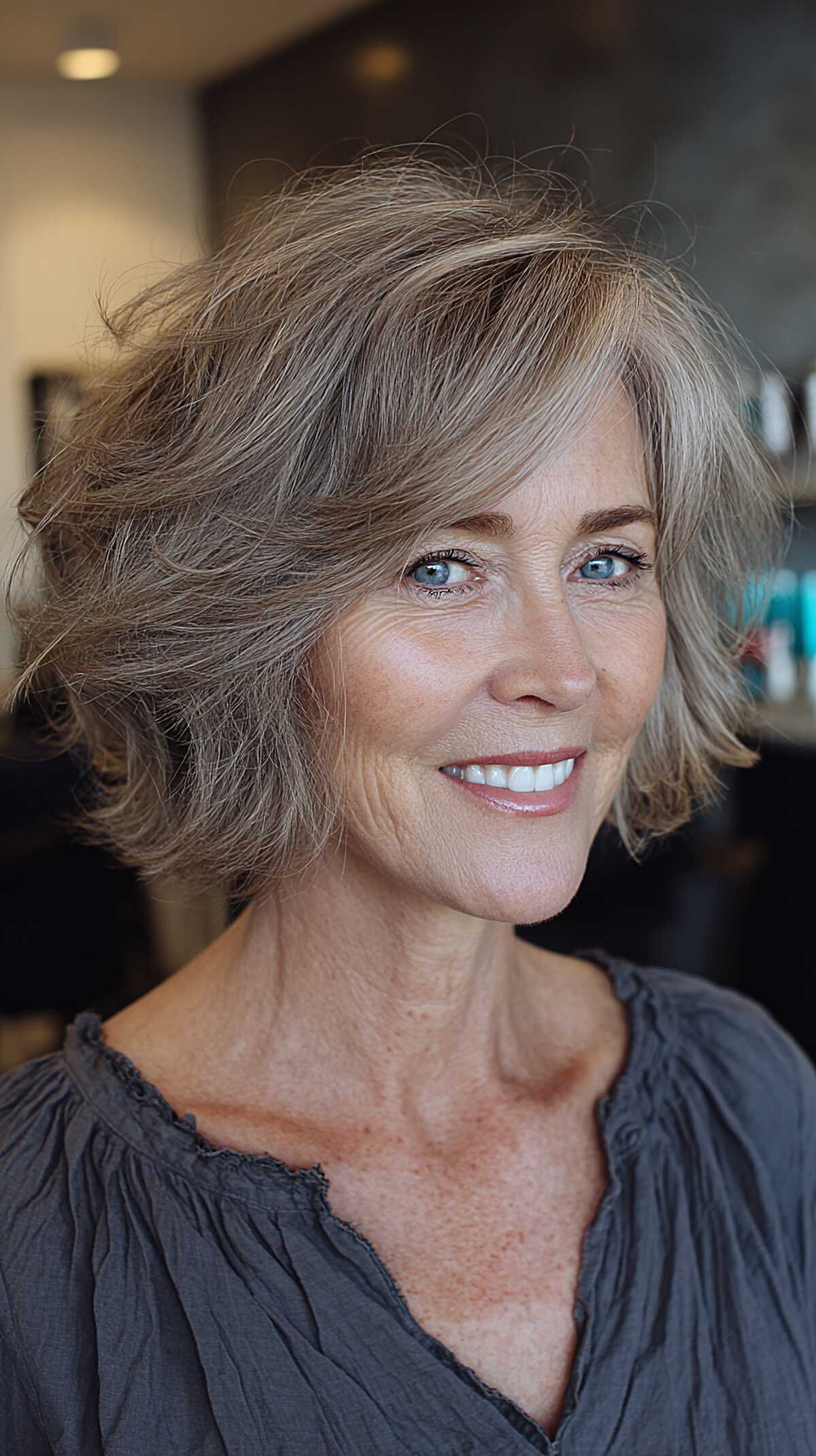 Smoky ash layered choppy bob with curtain bangs