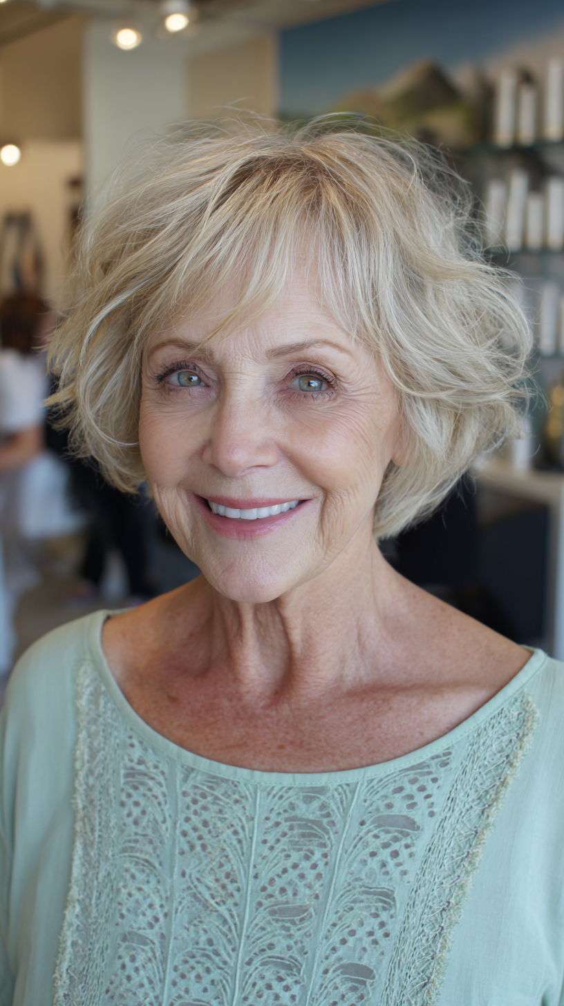 Short blonde choppy shag with soft waves and wispy bangs
