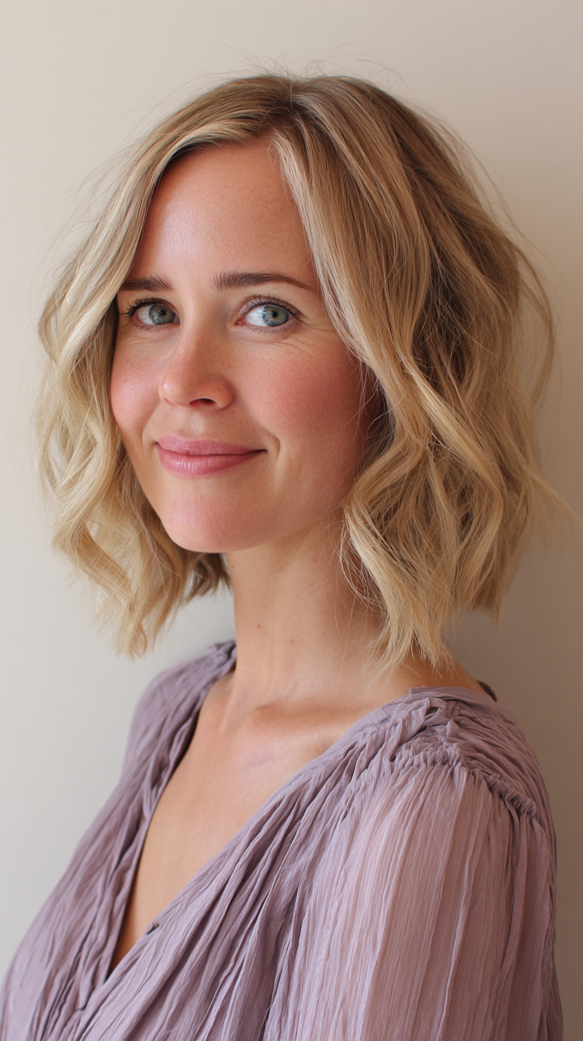 Short wavy blonde bob just above the shoulders
