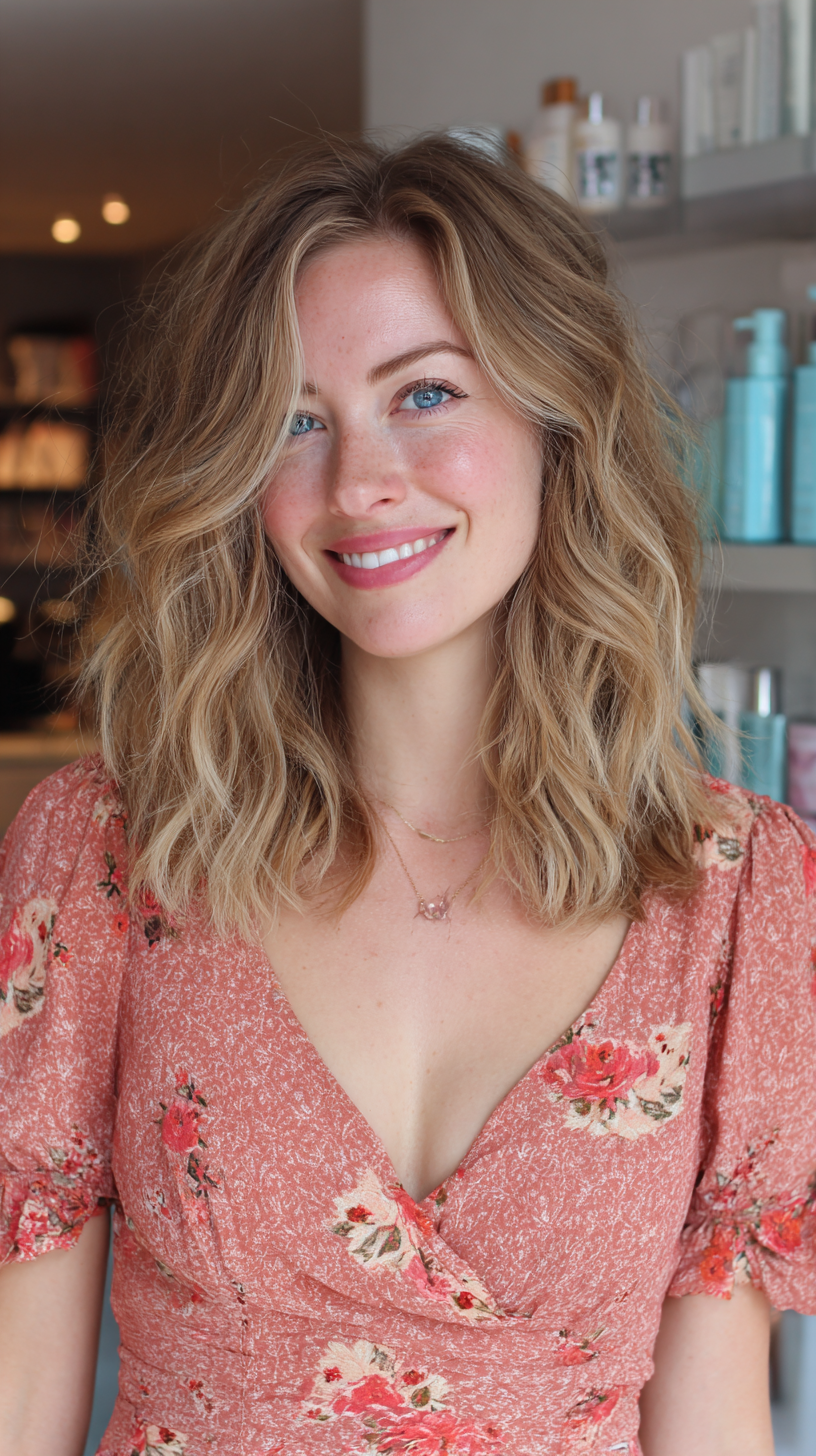 Medium wavy strawberry blonde hair with a salon background