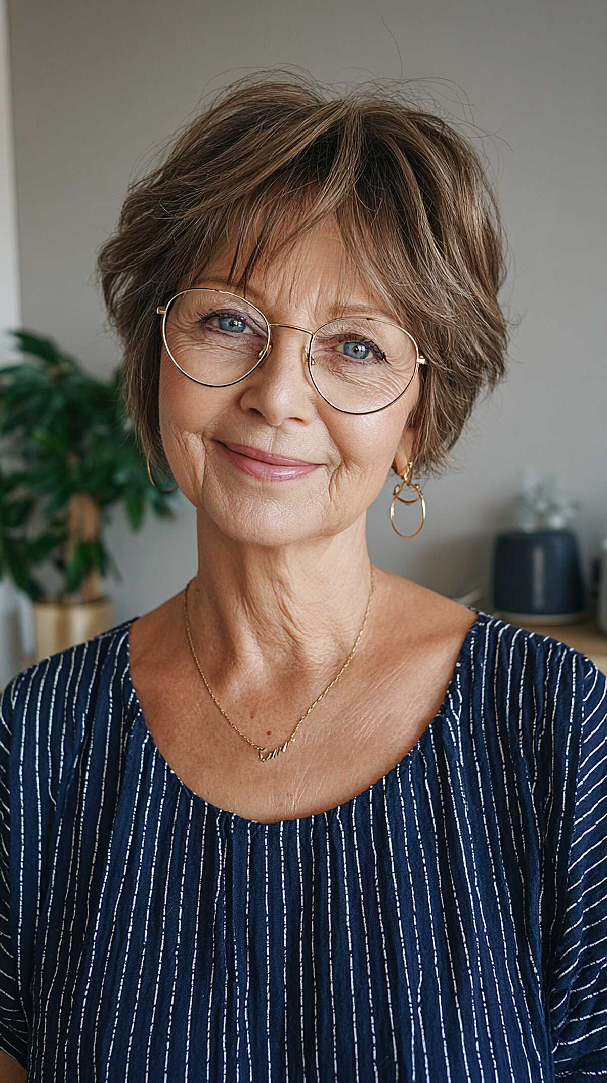 Textured brunette pixie-bob with round glasses