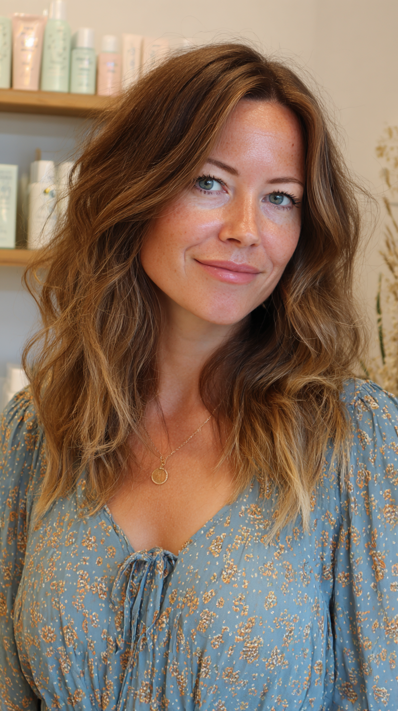 Medium-length wavy caramel brown hair with subtle highlights