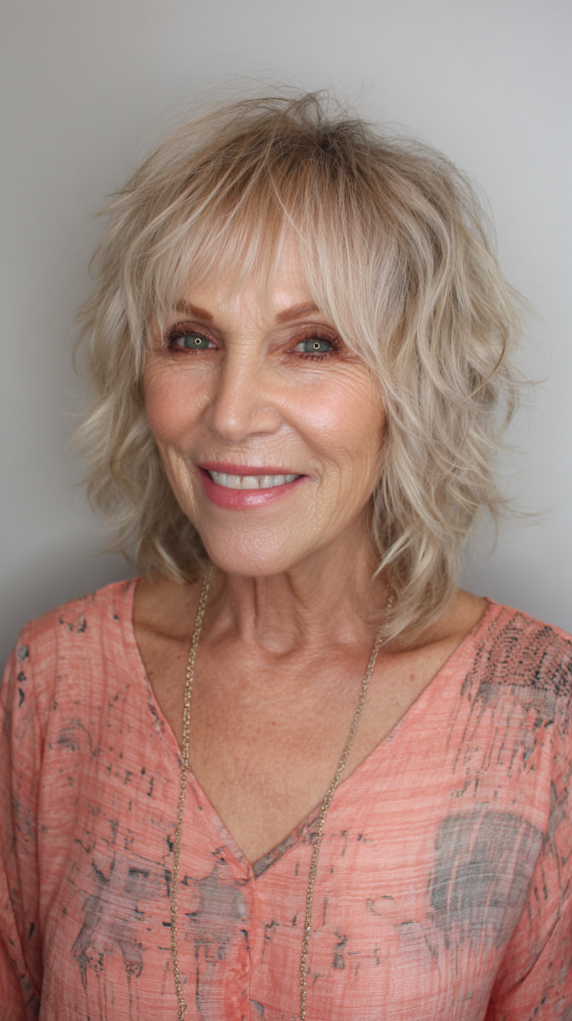 Shoulder-length ash blonde choppy shag with dark roots