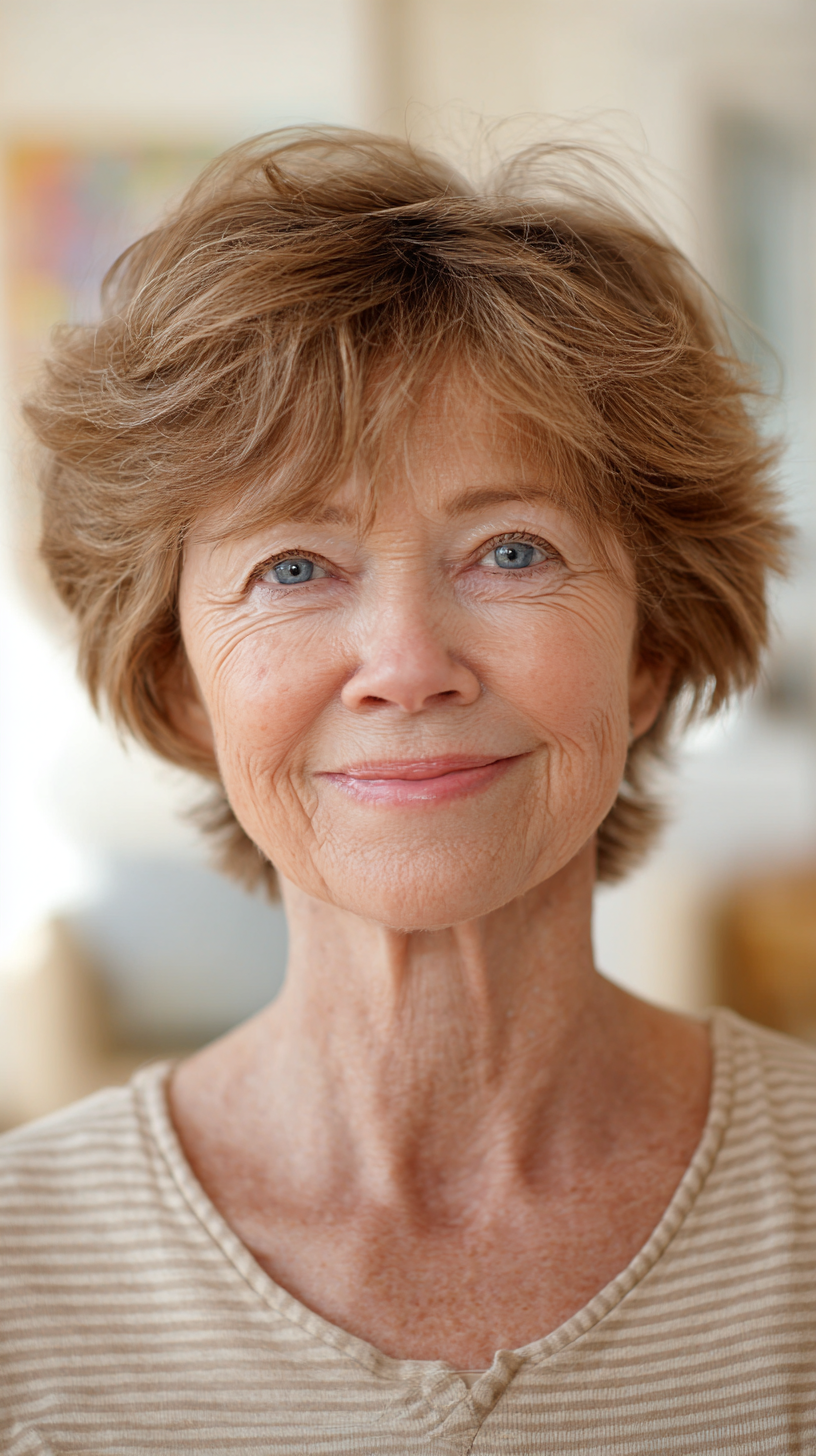 Short auburn choppy shag with feathered top layers