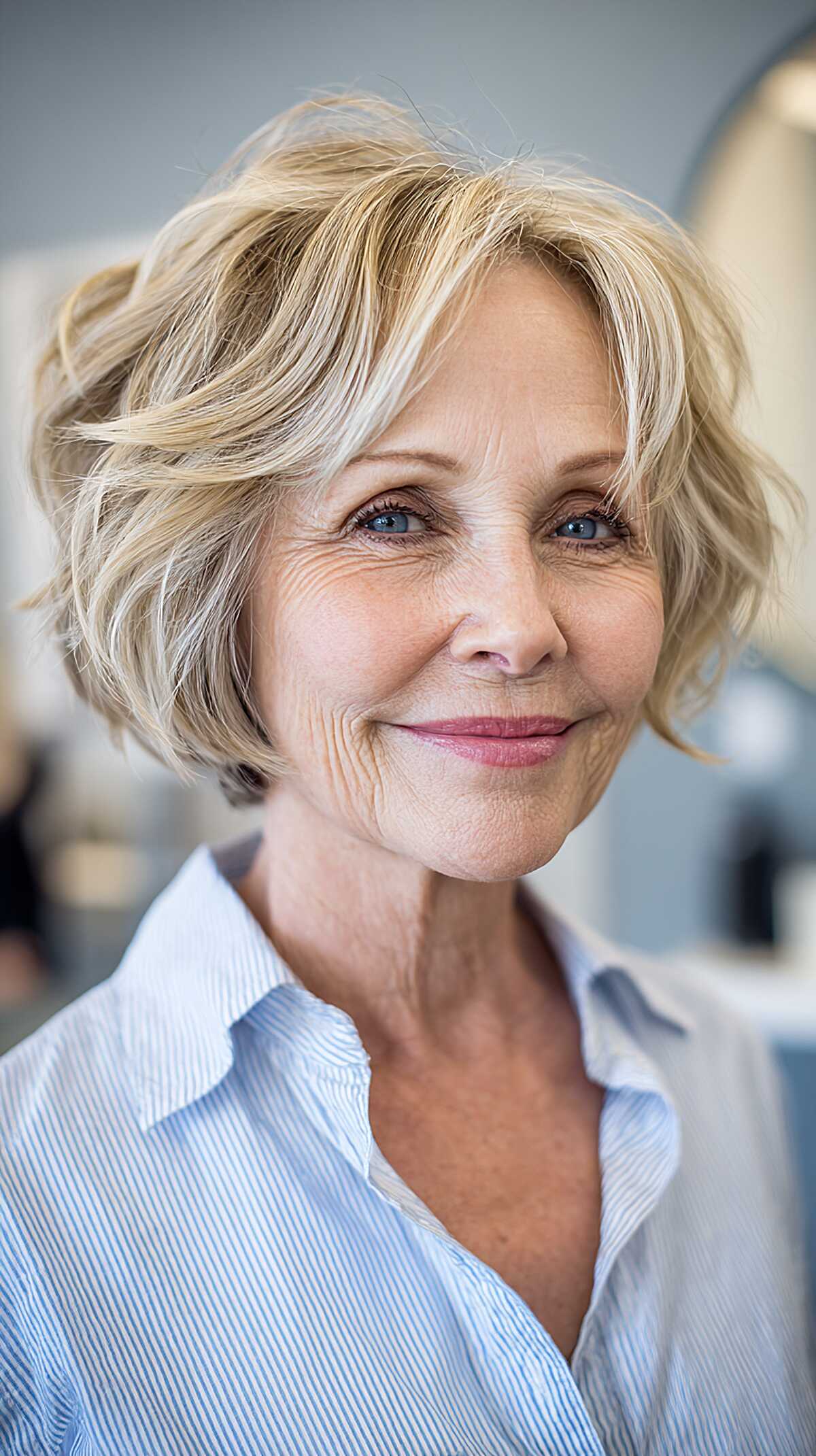 Warm blonde choppy bob with flipped ends