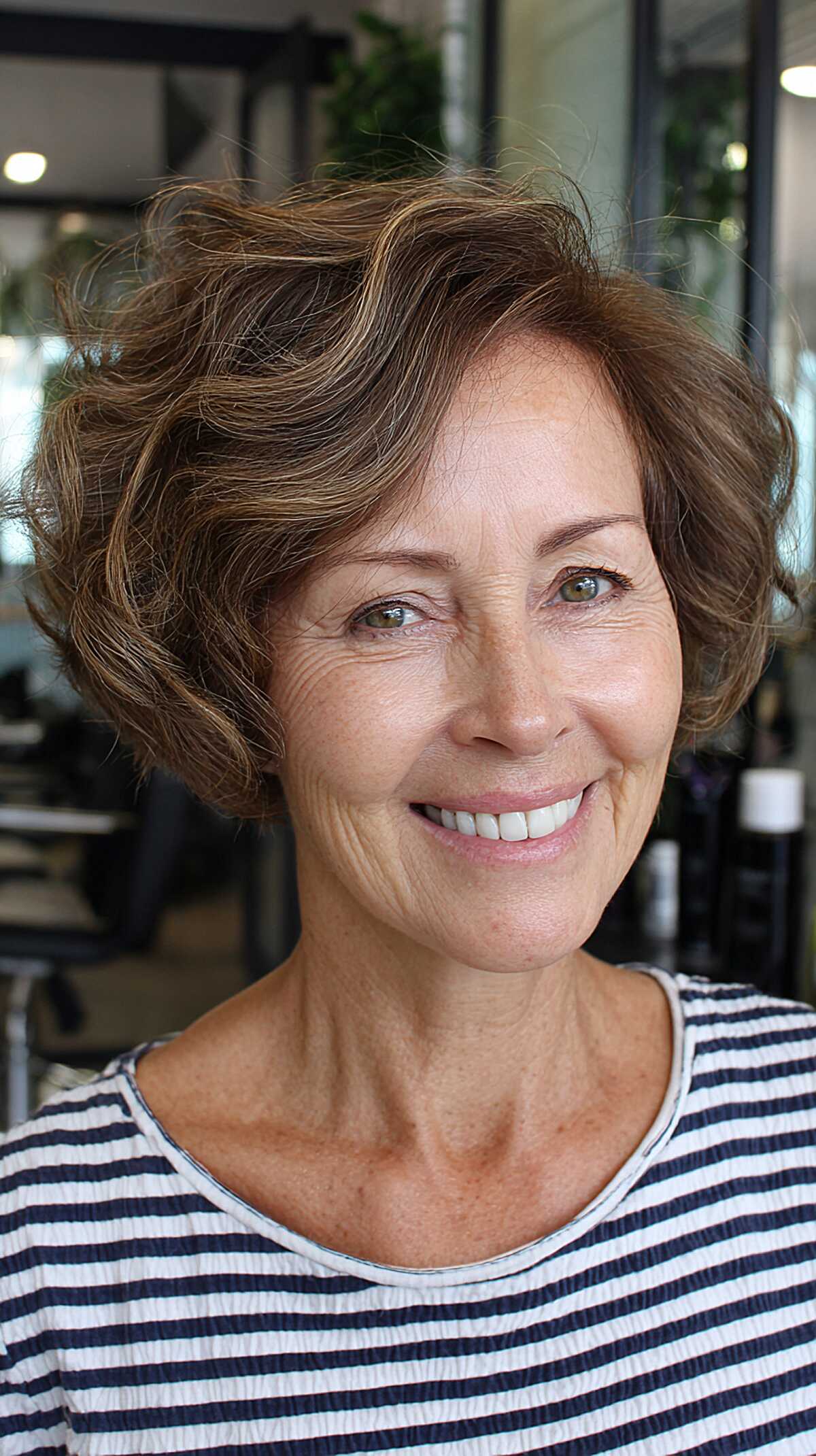 Warm brown wavy bob with sun-lightened highlights