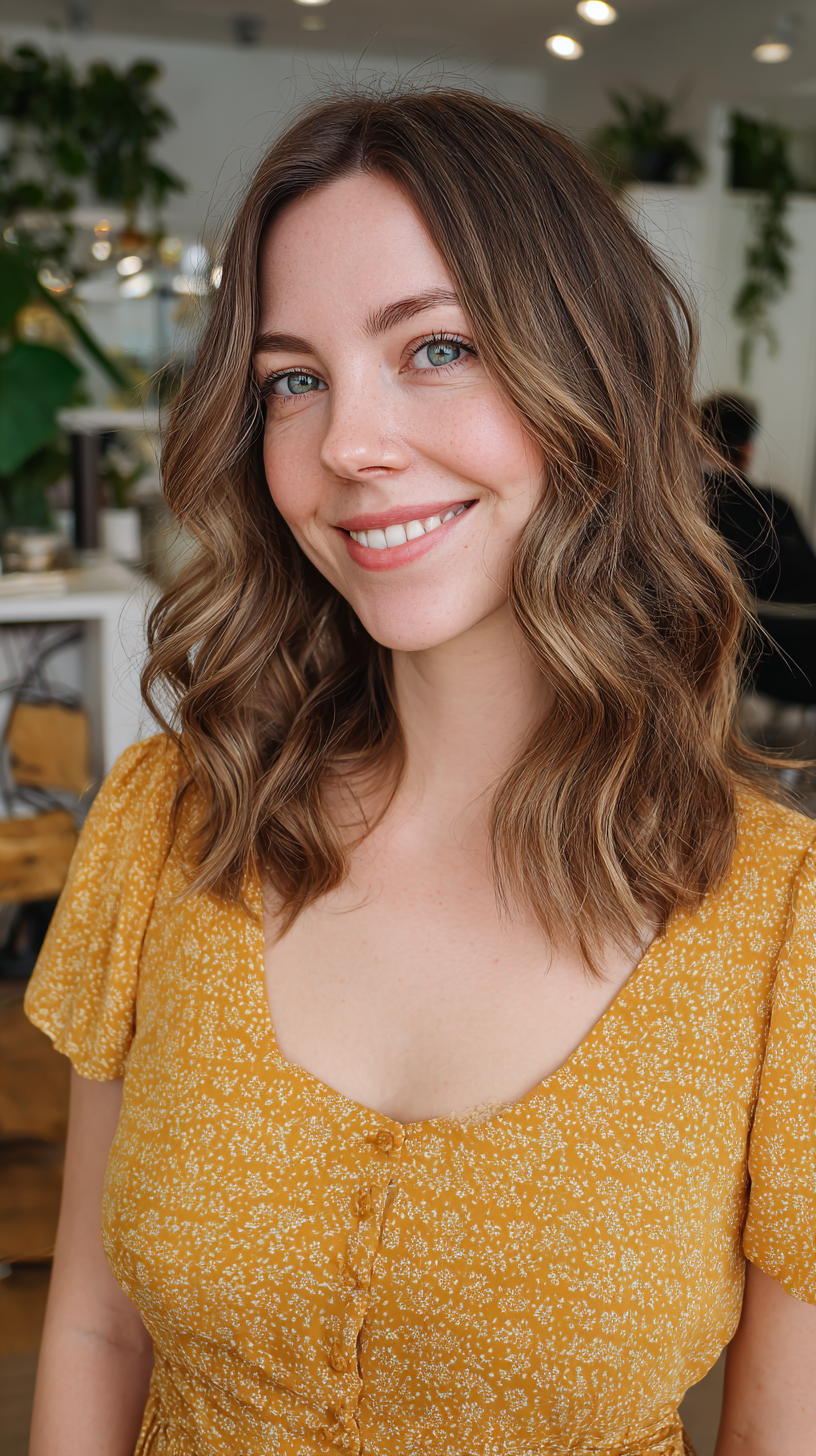 Medium brown wavy lob with subtle warm highlights