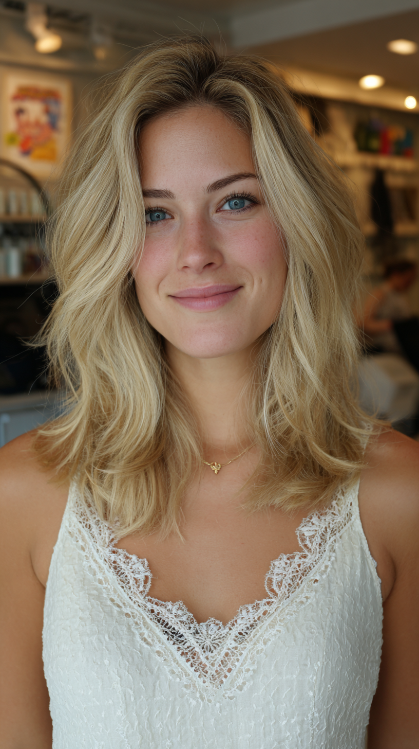 Medium-length warm blonde wavy hair with loose texture