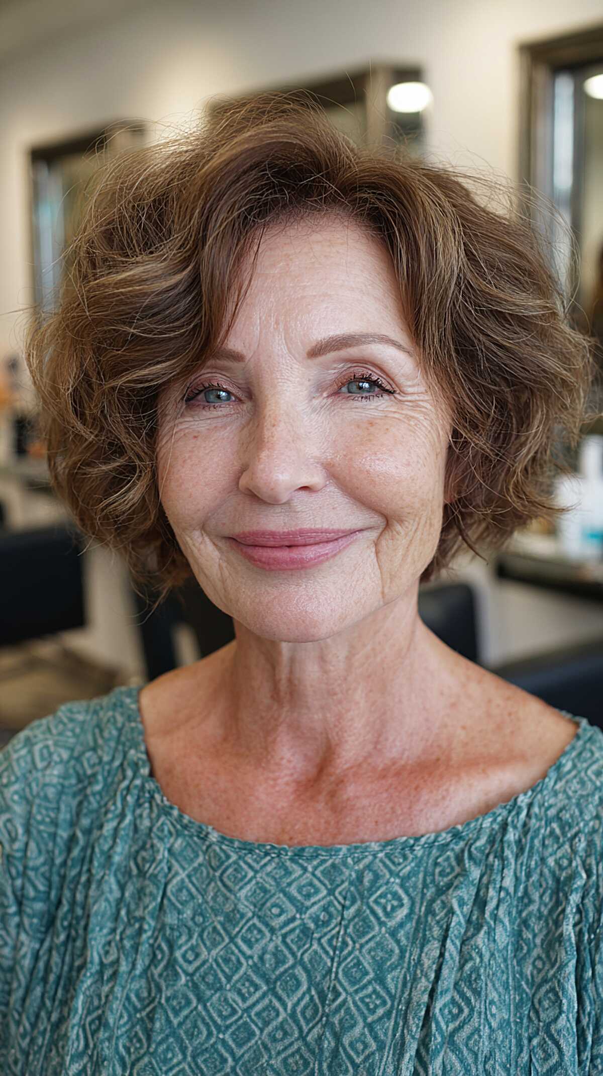 Warm chestnut curly choppy bob on mature woman