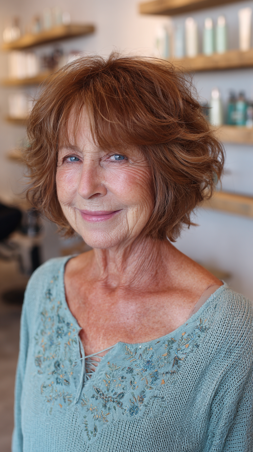 Short warm cinnamon red choppy shag with flipped volume