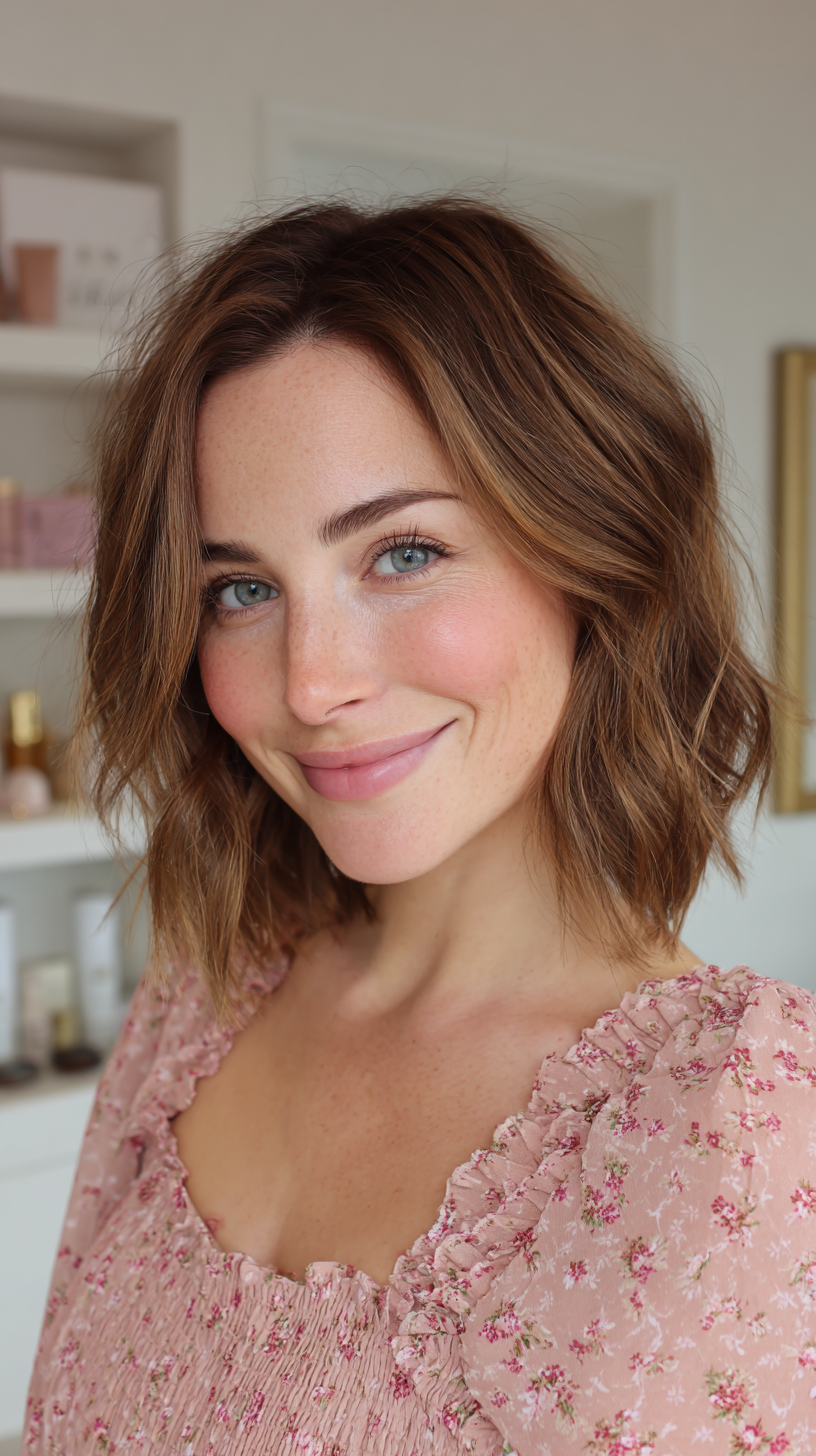 Short wavy cinnamon brown bob with piece-y texture