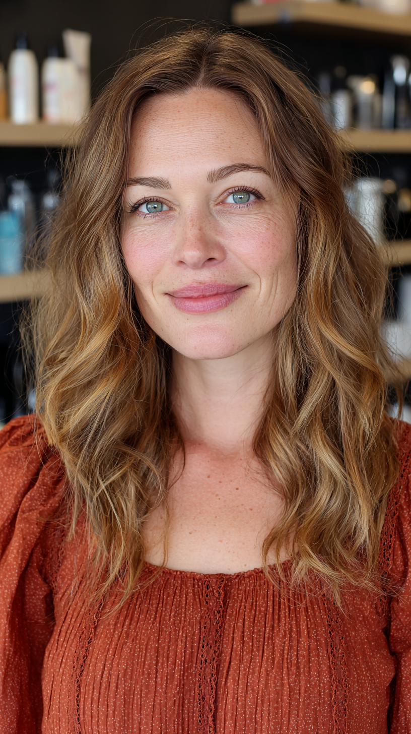 Long wavy auburn hair with warm copper and golden tones