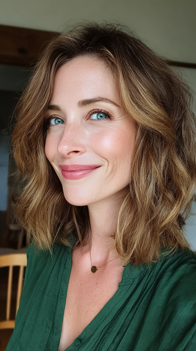 Chin-length wavy toffee brown bob with subtle highlights