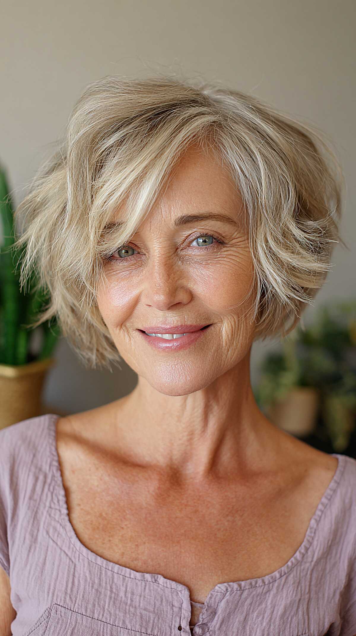 Windswept piecey blonde choppy bob on older woman