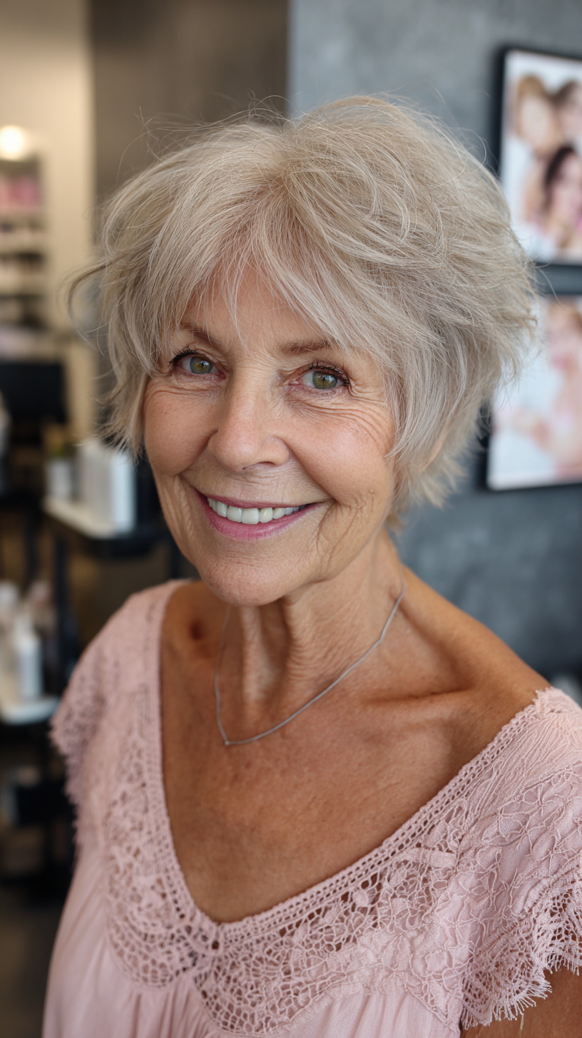 Short wispy silver choppy shag with textured ends