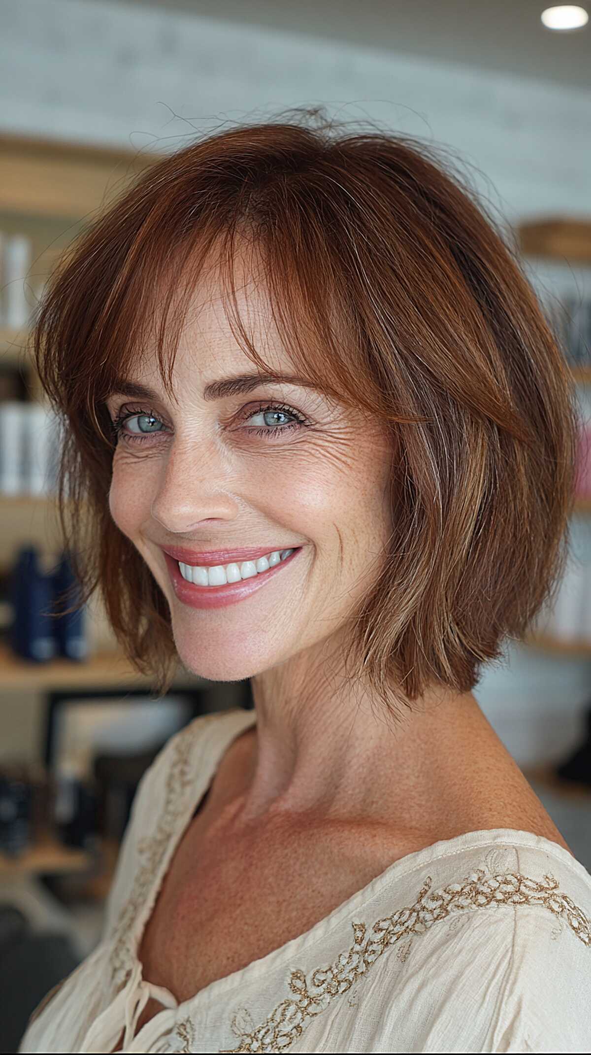Warm auburn chin-length bob with textured curtain bangs