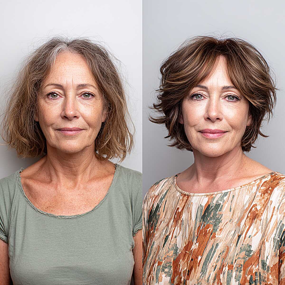 Before and after short bob transformation with curtain bangs