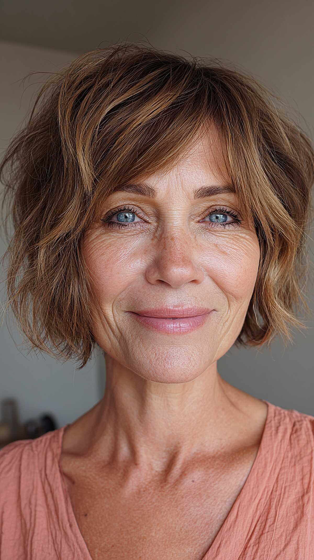 Wavy brown bob with caramel highlights and curtain bangs
