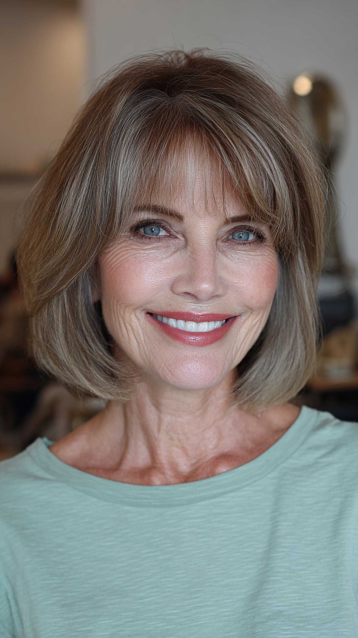 Polished ash brown bob with classic curtain bangs