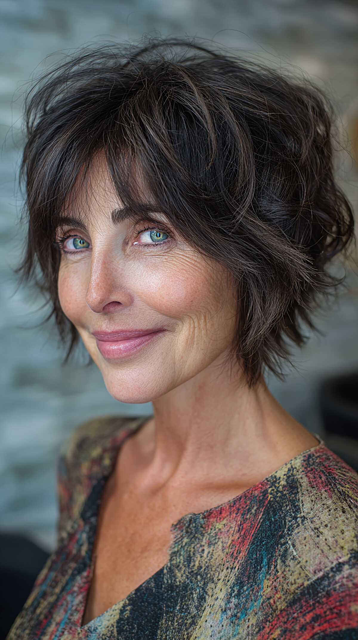 Dark choppy textured shag bob with curtain bangs