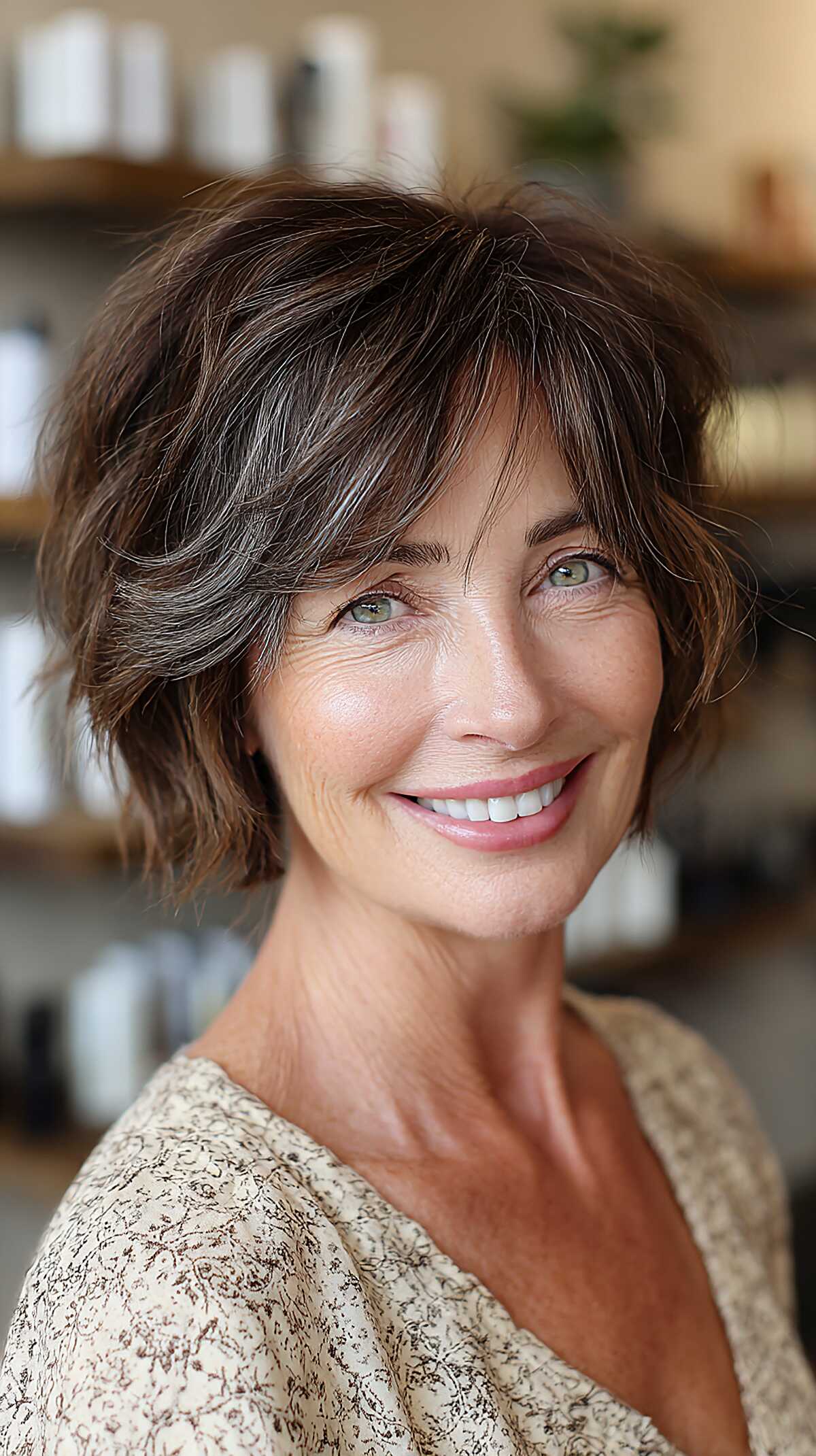Dark brown feathered short shag with curtain bangs