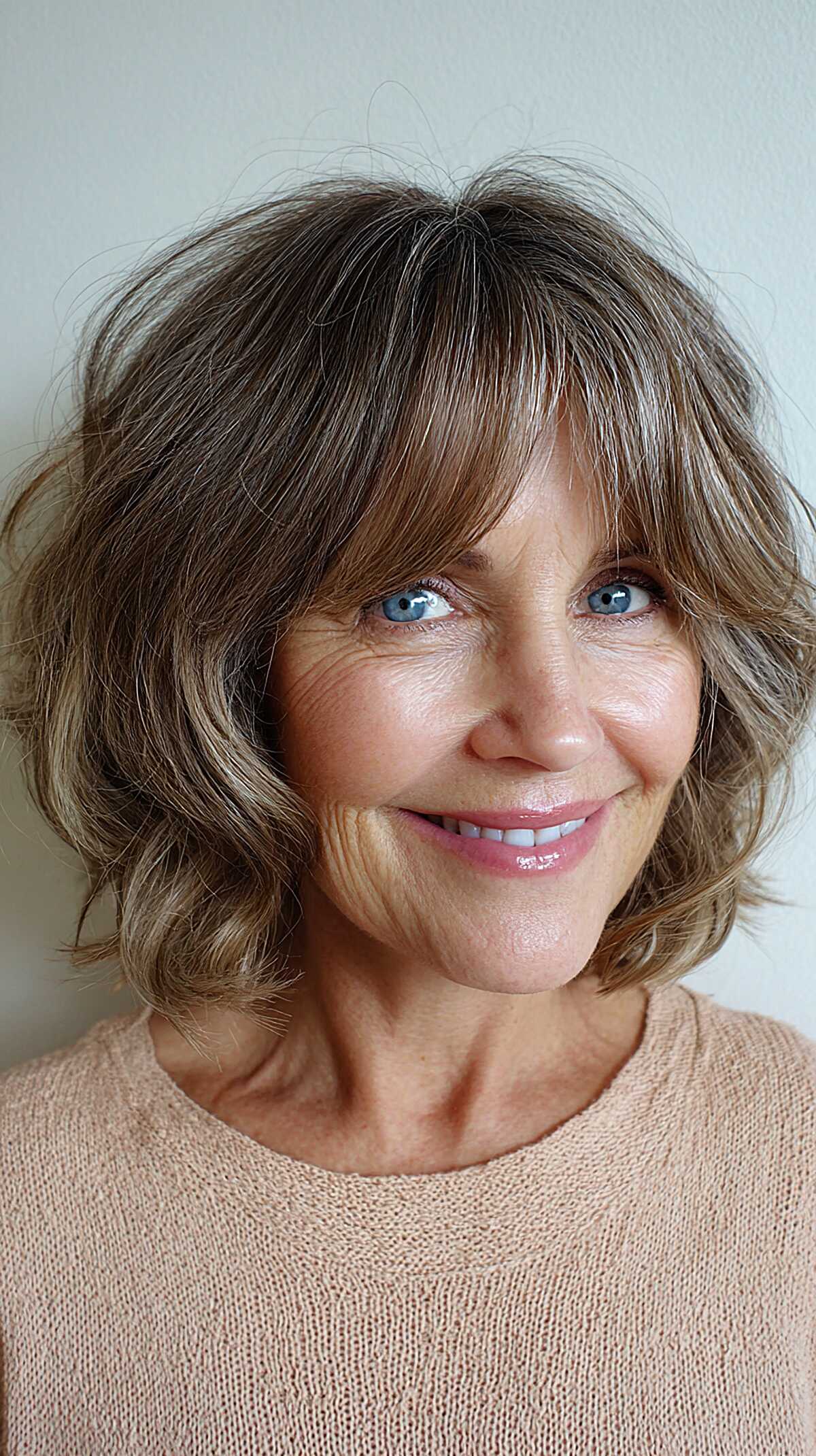 Wavy bronde bob with highlights and curtain bangs