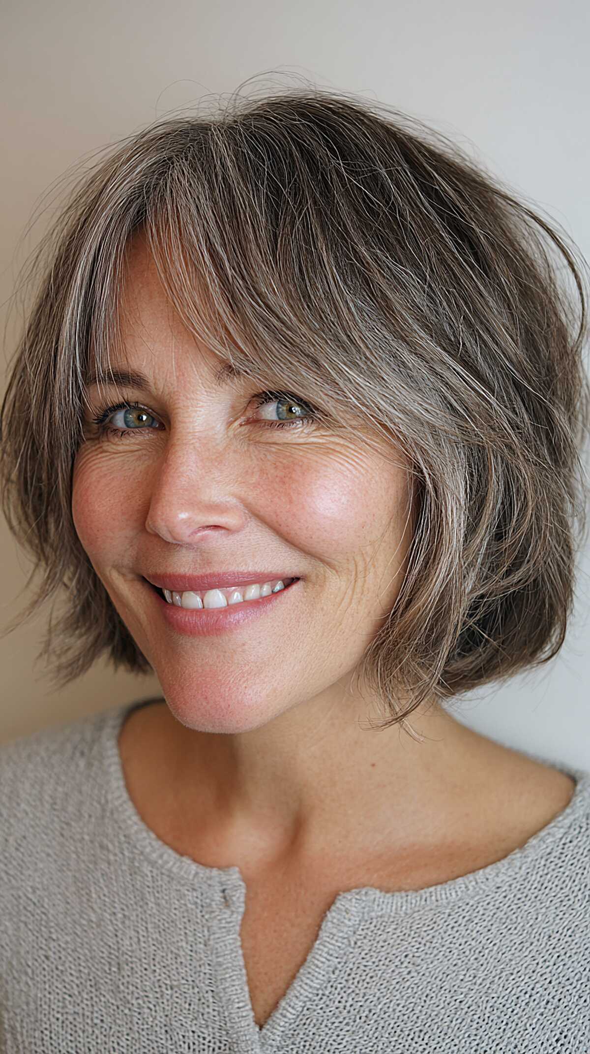 Chin-length gray-brown bob with wispy curtain bangs