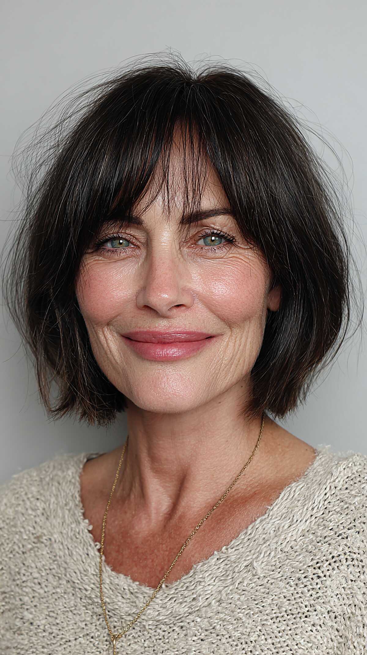 Dark black chin-length bob with soft curtain bangs