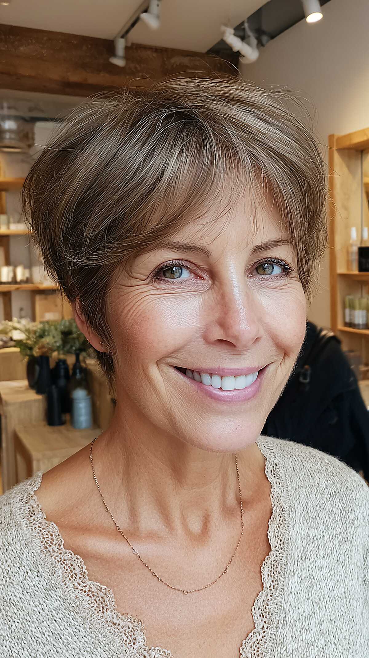 Short ash brown pixie cut with feathered curtain bangs