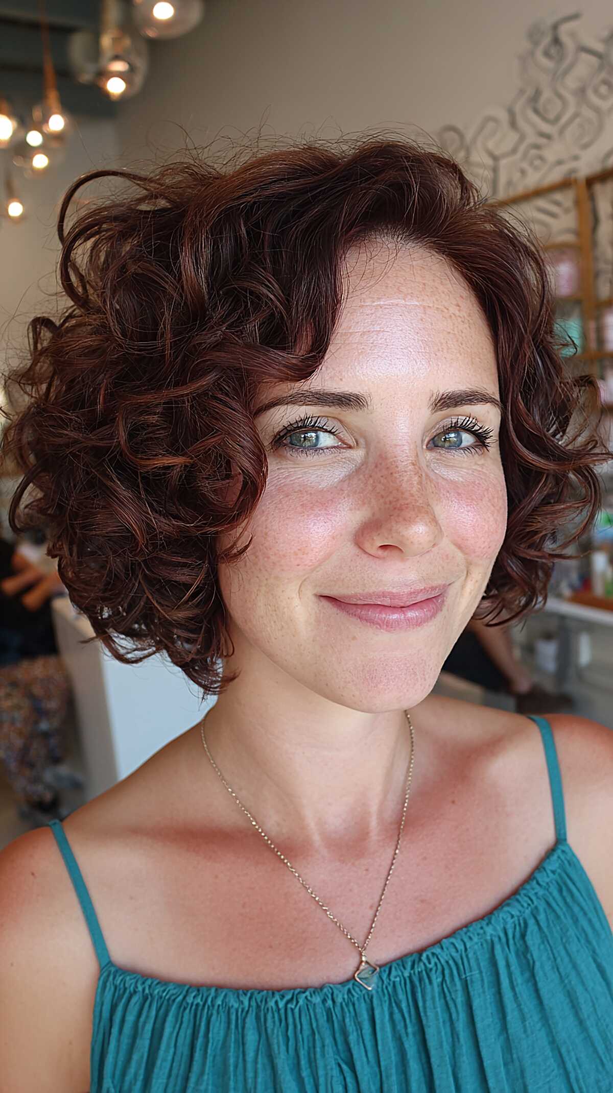 Auburn curly bob with warm highlights and side part