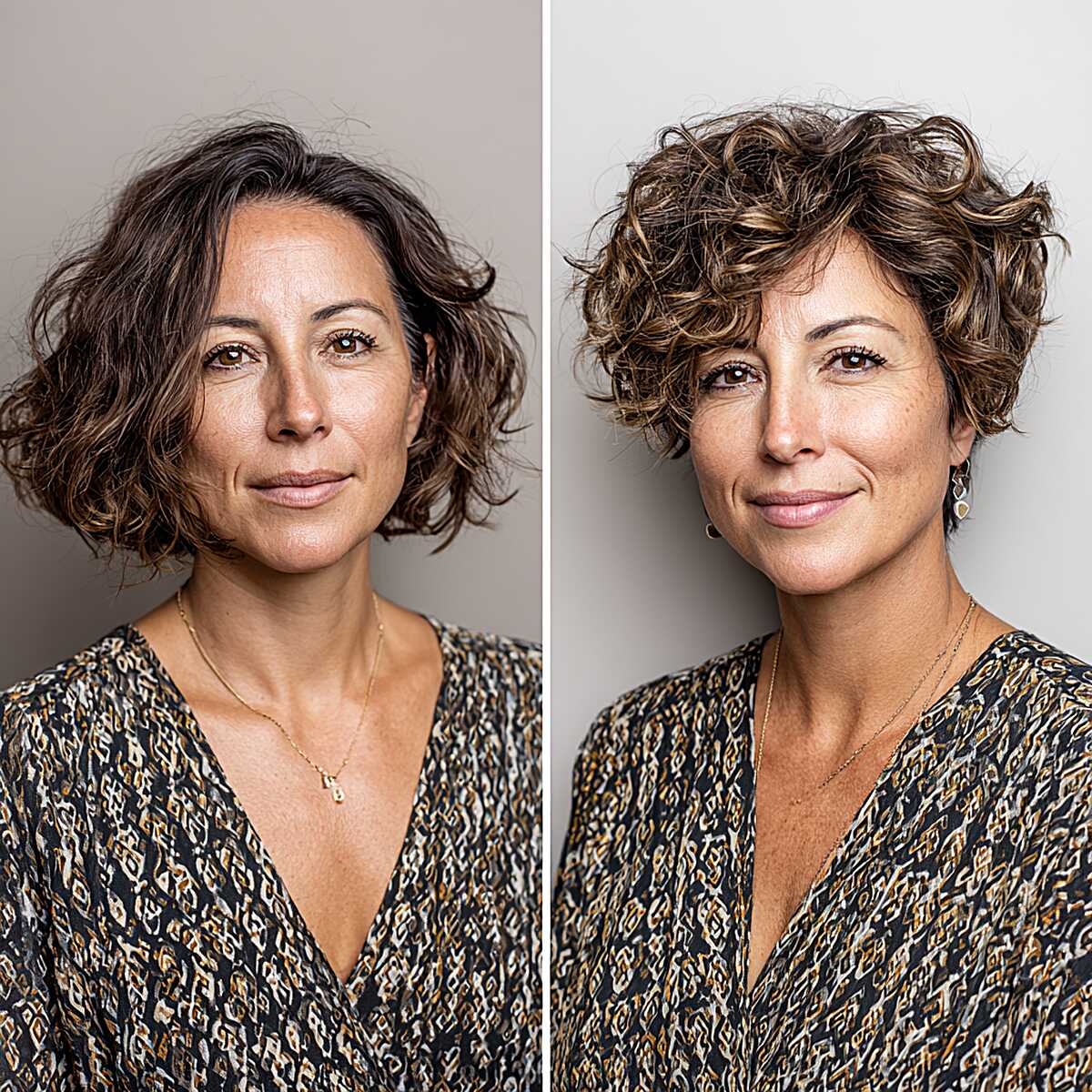Before and after curly hair transformation from bob to pixie