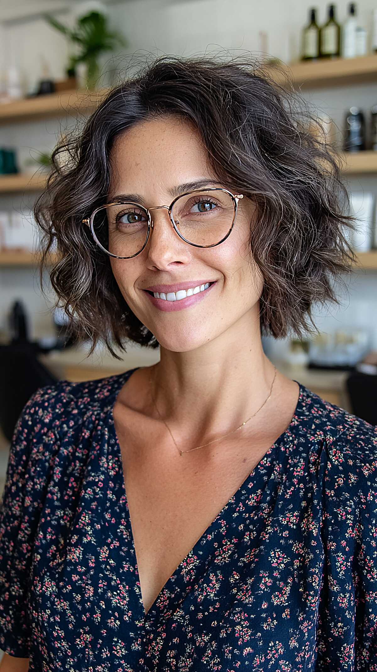 Wavy dark bob with glasses and relaxed layers