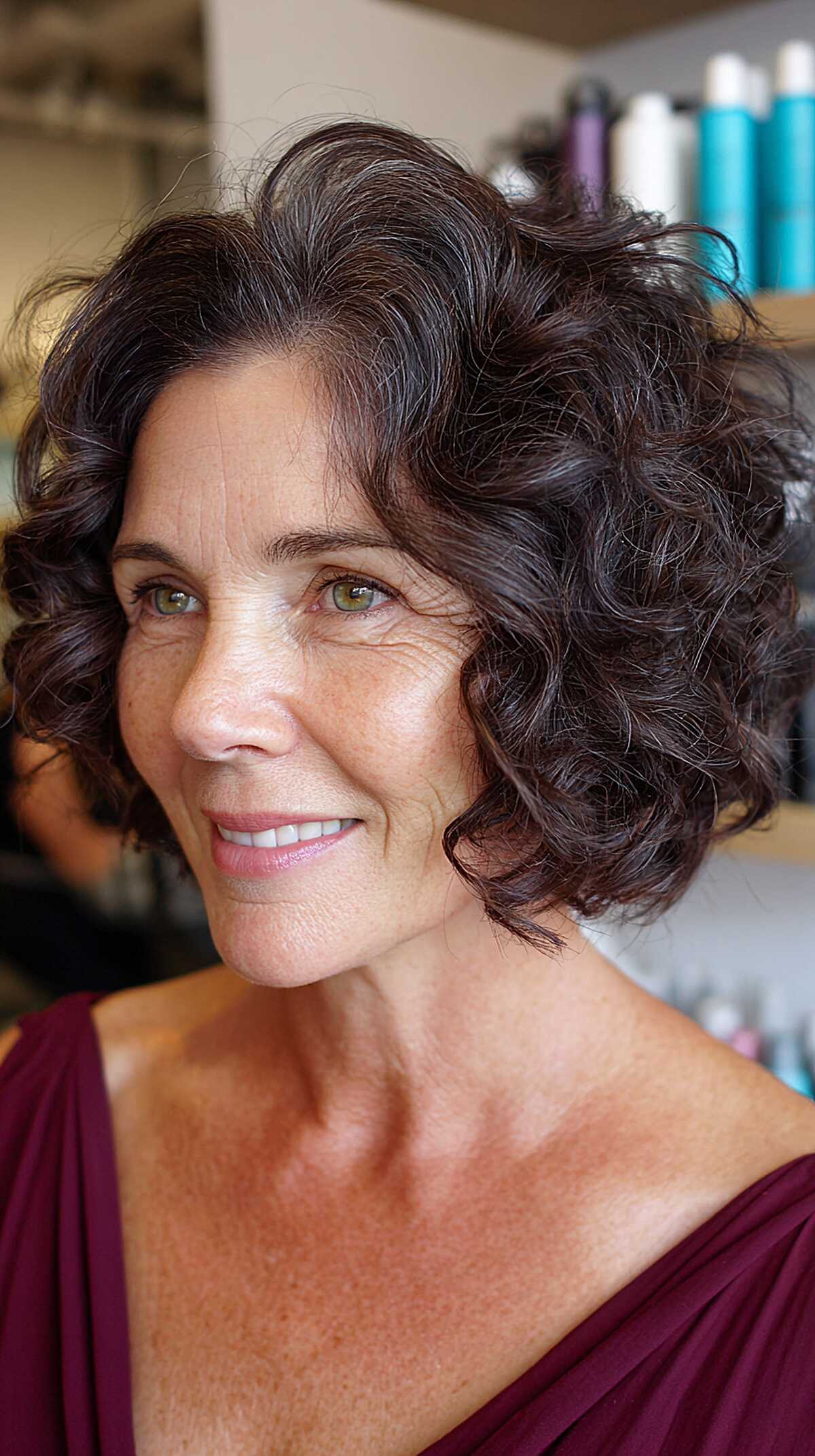 Dark curly layered bob with volume at crown on mature woman