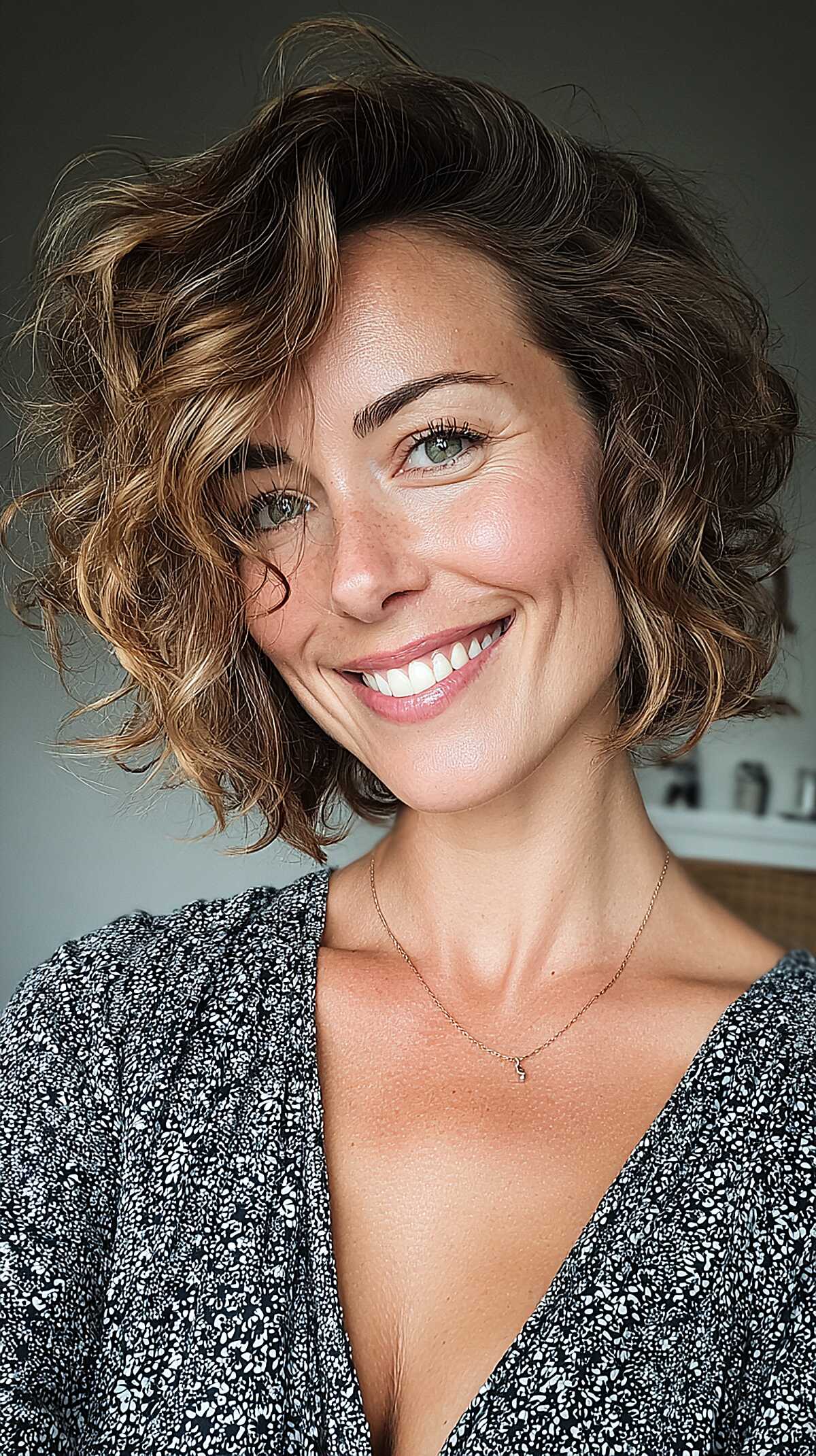 Bronde balayage short wavy bob with face-framing layers