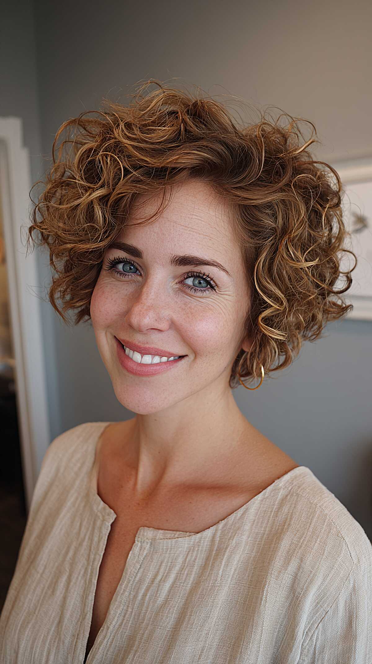 Copper and caramel curly bob with tousled texture