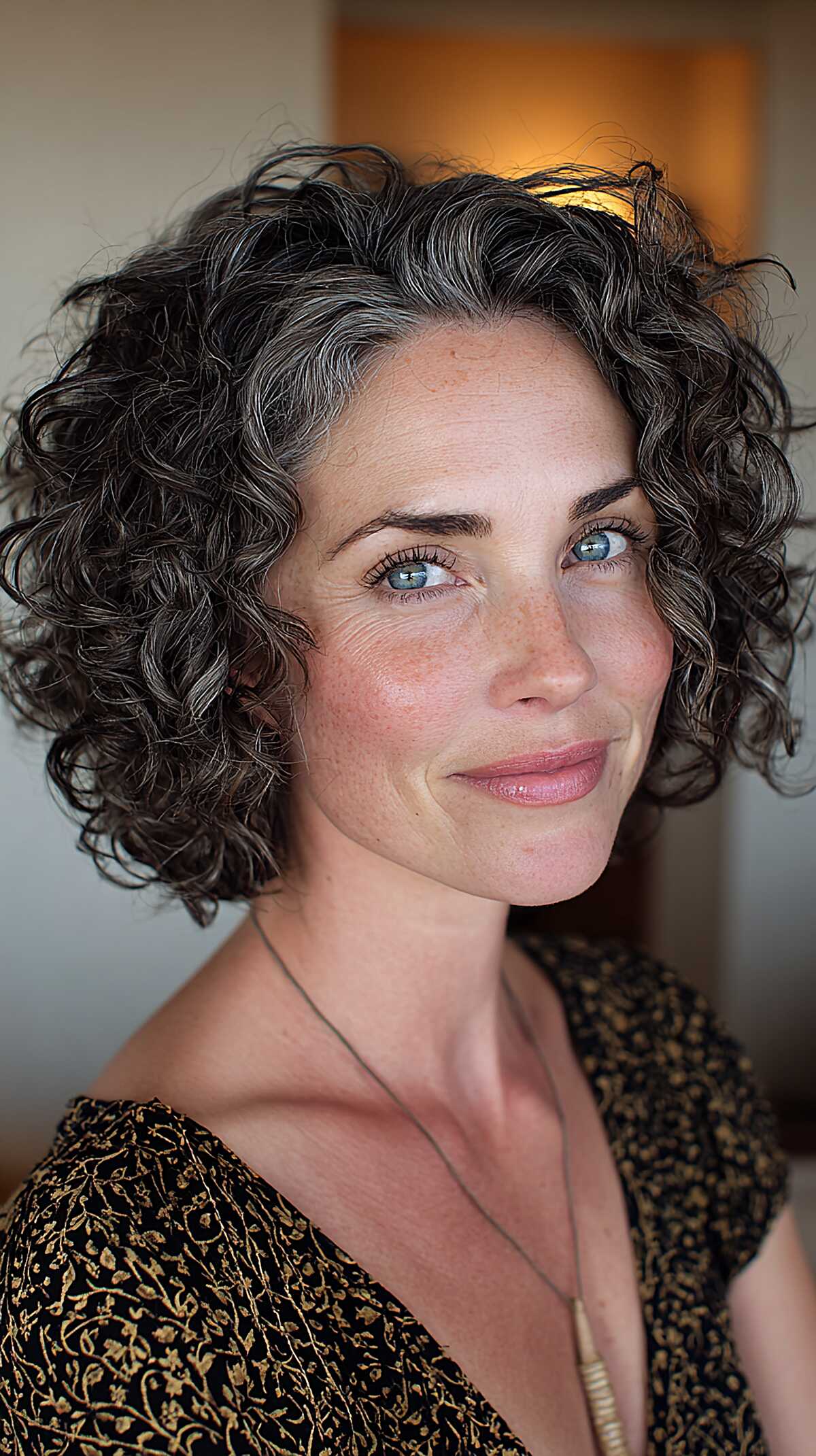 Dark curly bob with silver streaks and defined spirals