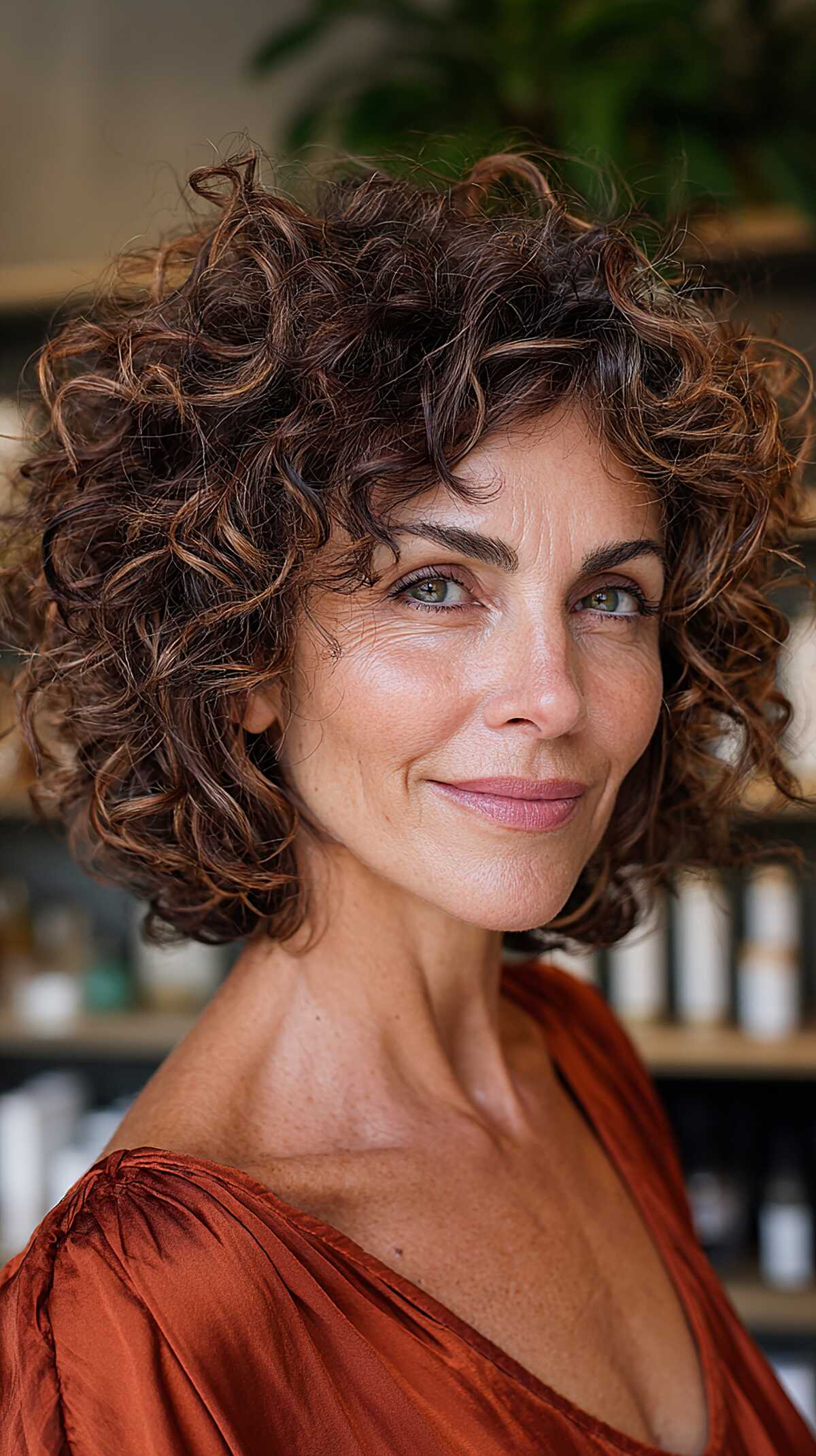 Dark chocolate curly shag bob with copper highlights