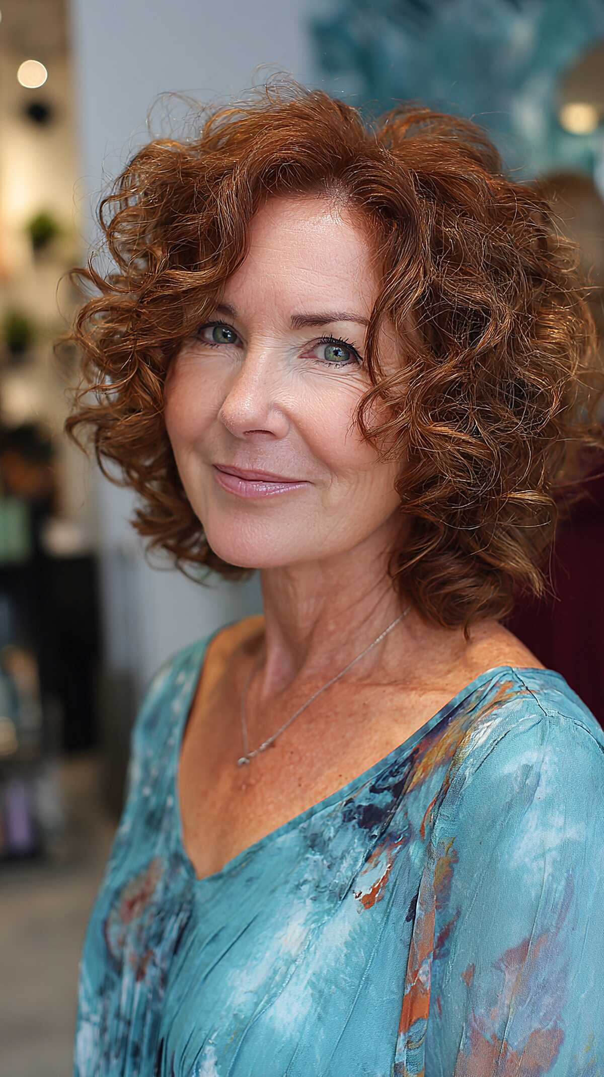 Medium copper curly layered bob with voluminous curls
