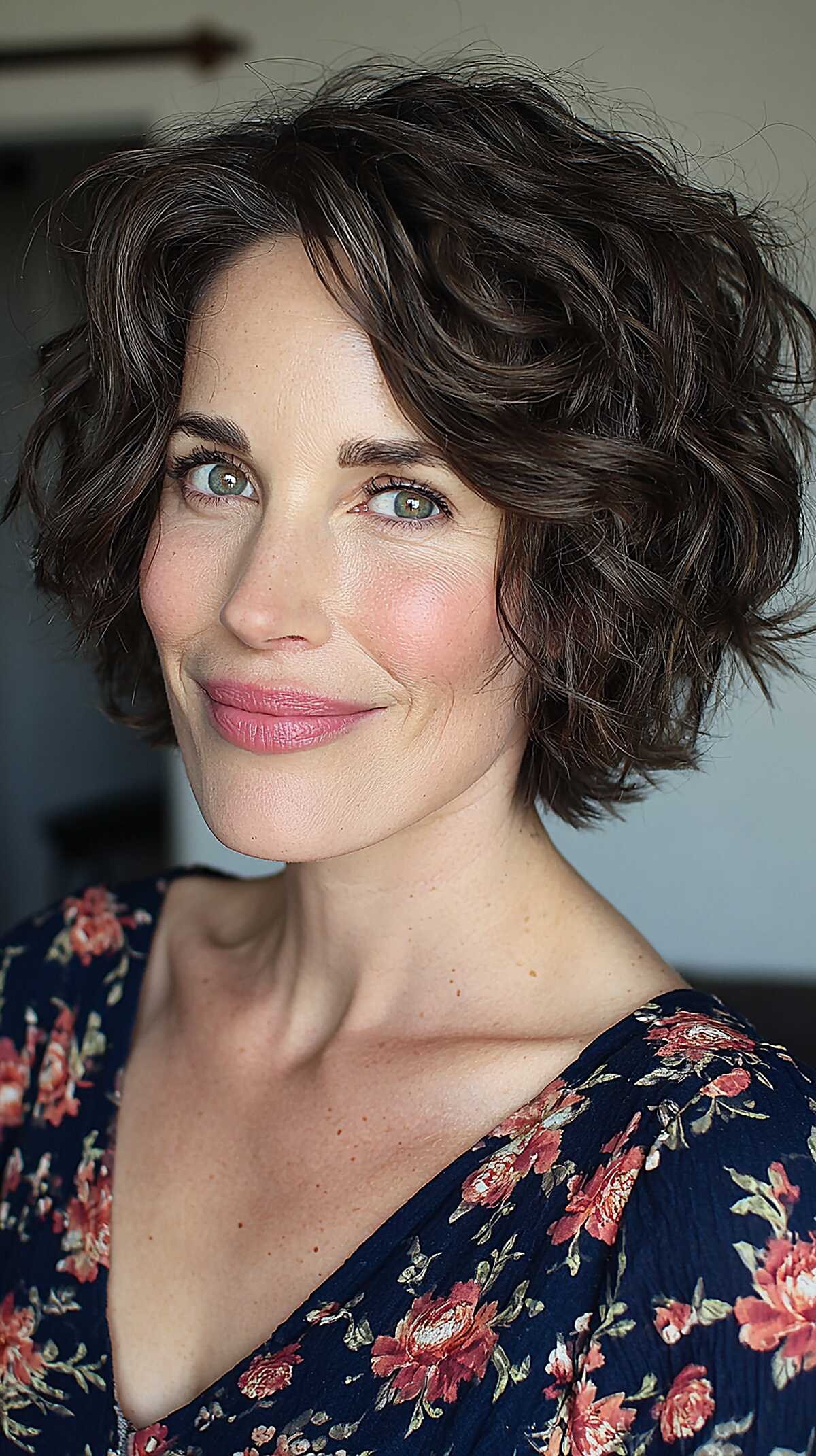 Short dark wavy bob with flipped ends and subtle layers
