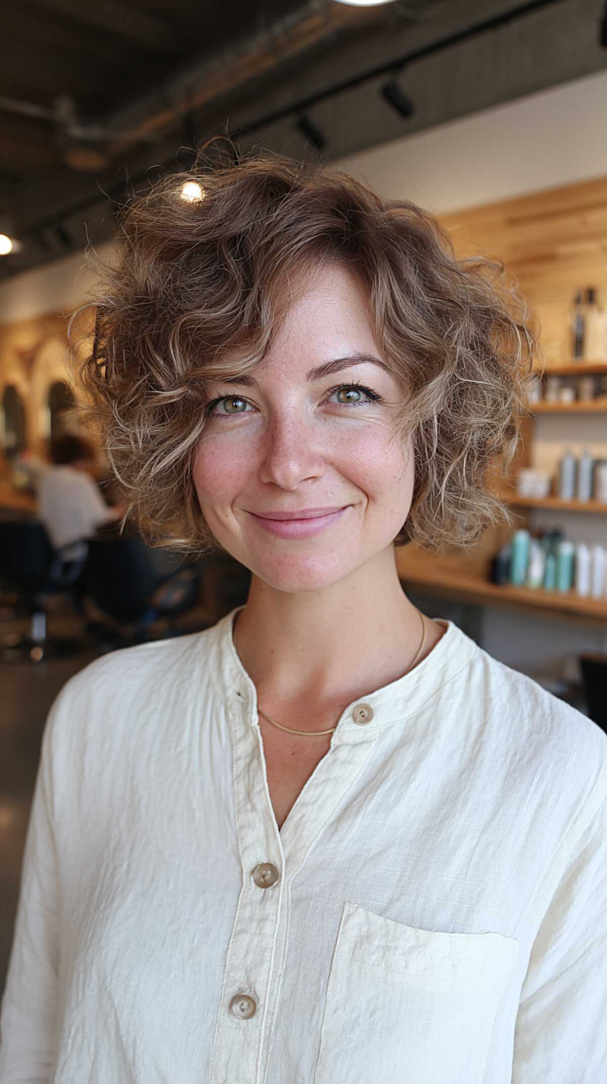 Soft ash brown curly bob with honey tones and loose curls