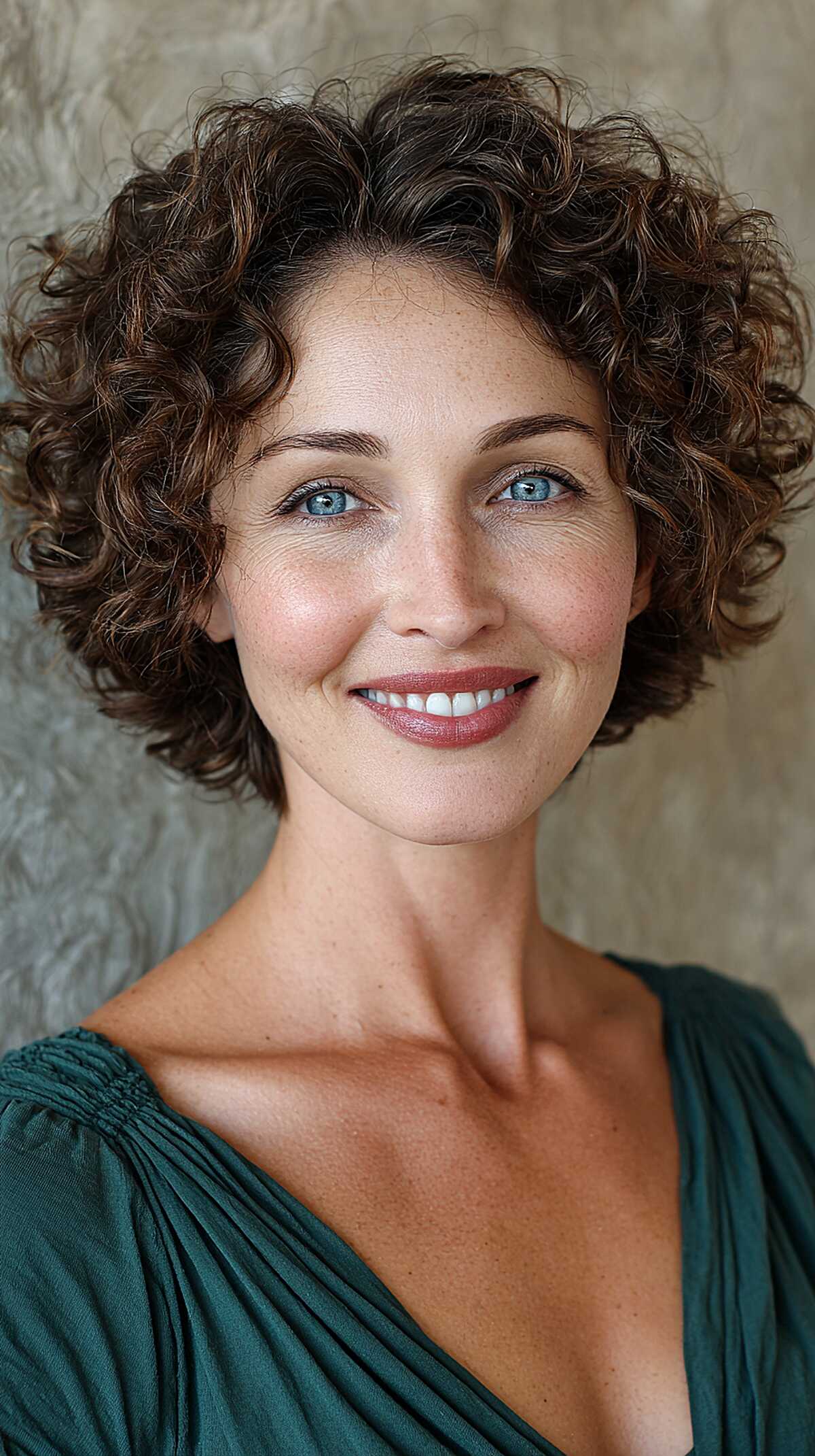 Short cocoa brown curly bob with defined spirals
