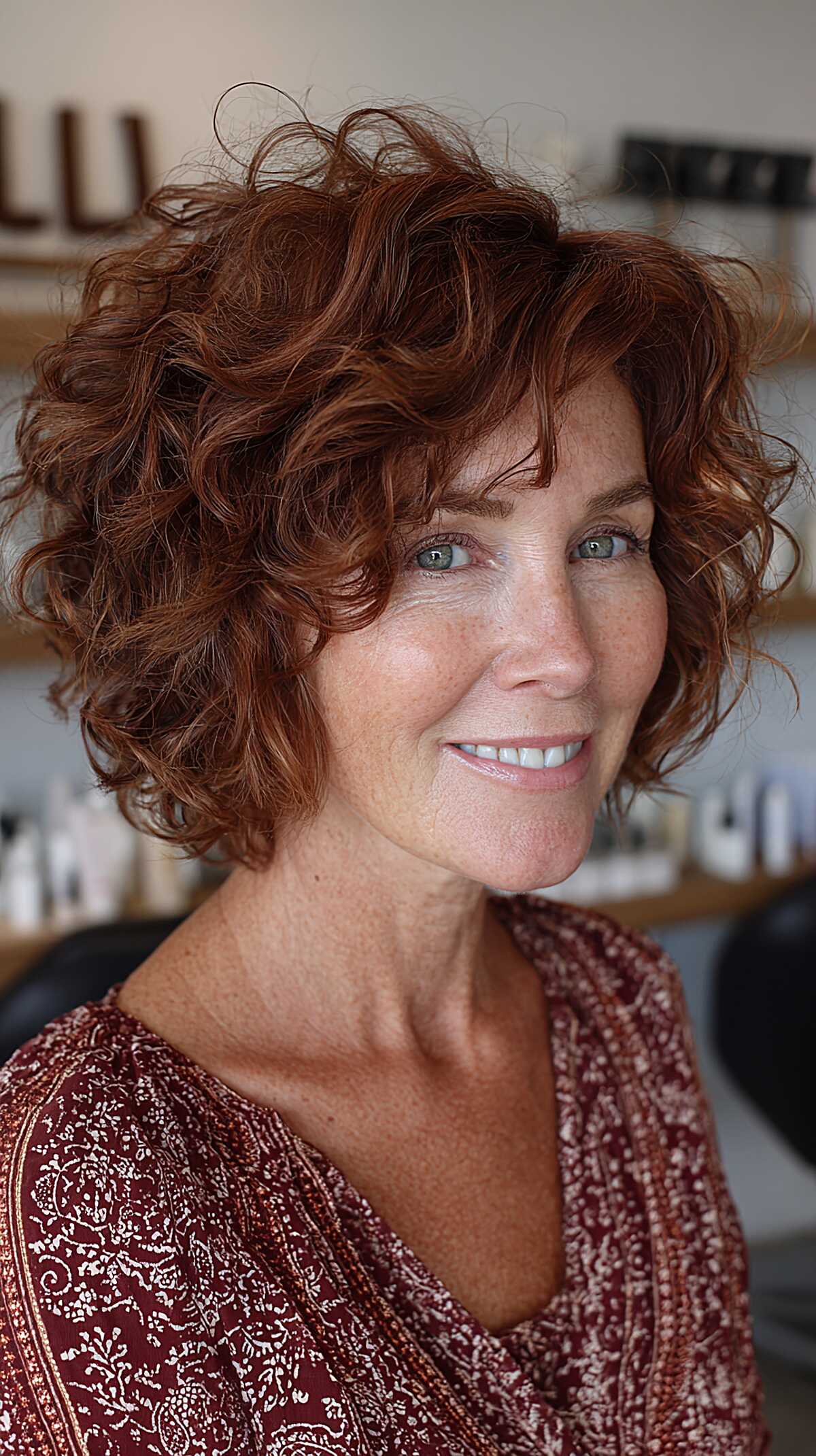 Russet red curly bob with dramatic volume and layers