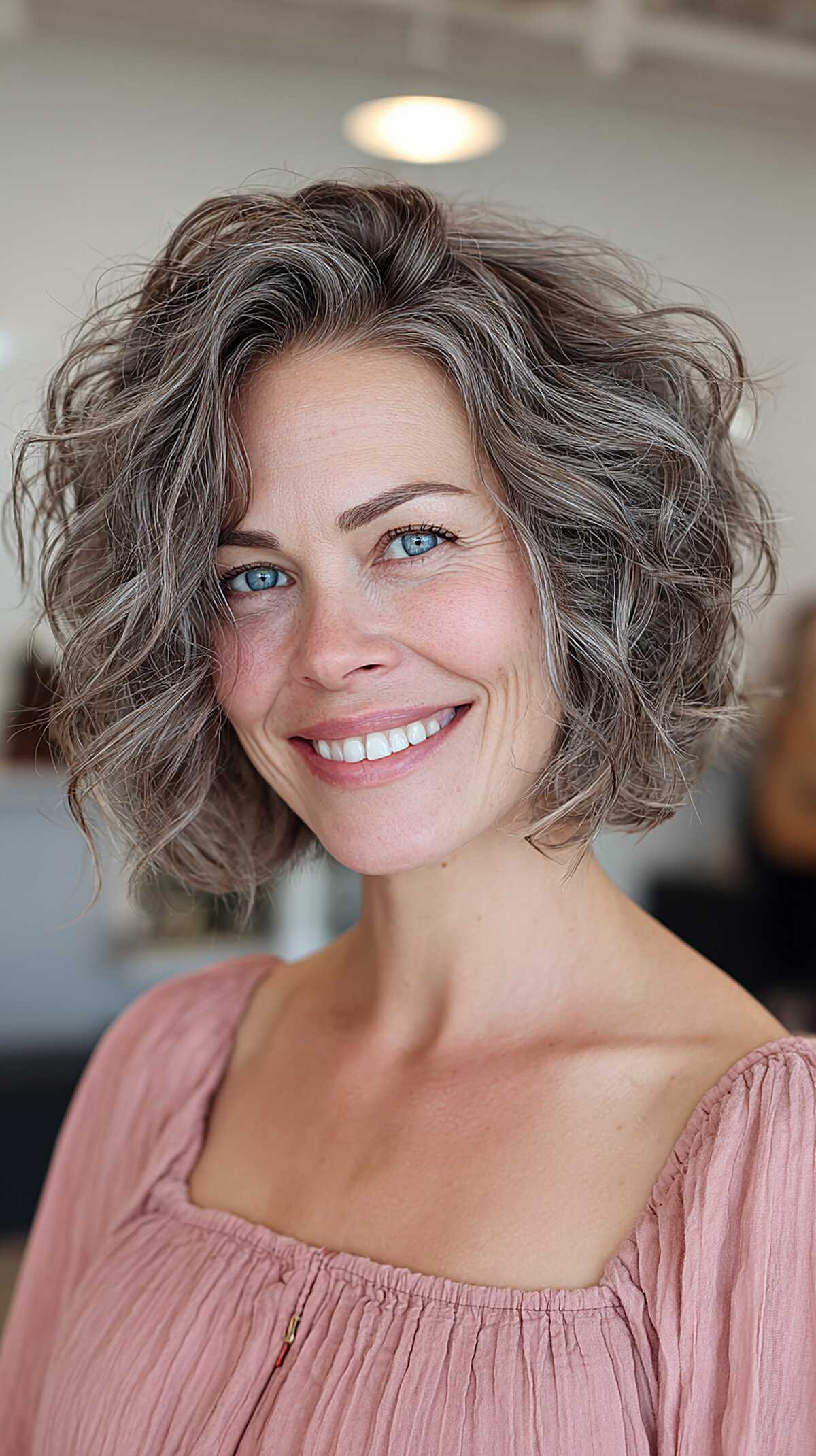 Wavy gray and brown bob with natural silver highlights