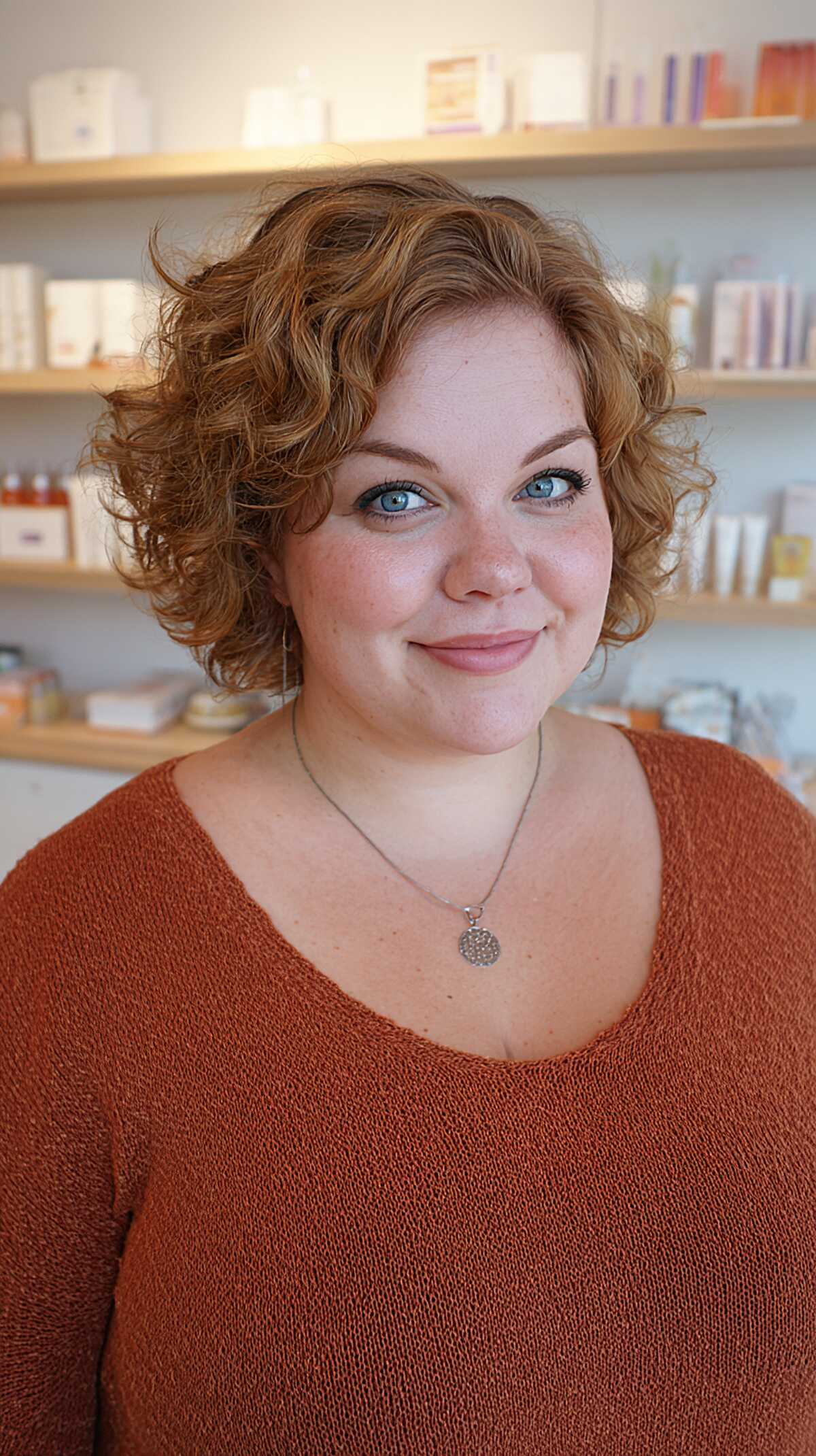 Strawberry blonde short curly bob with soft loose curls