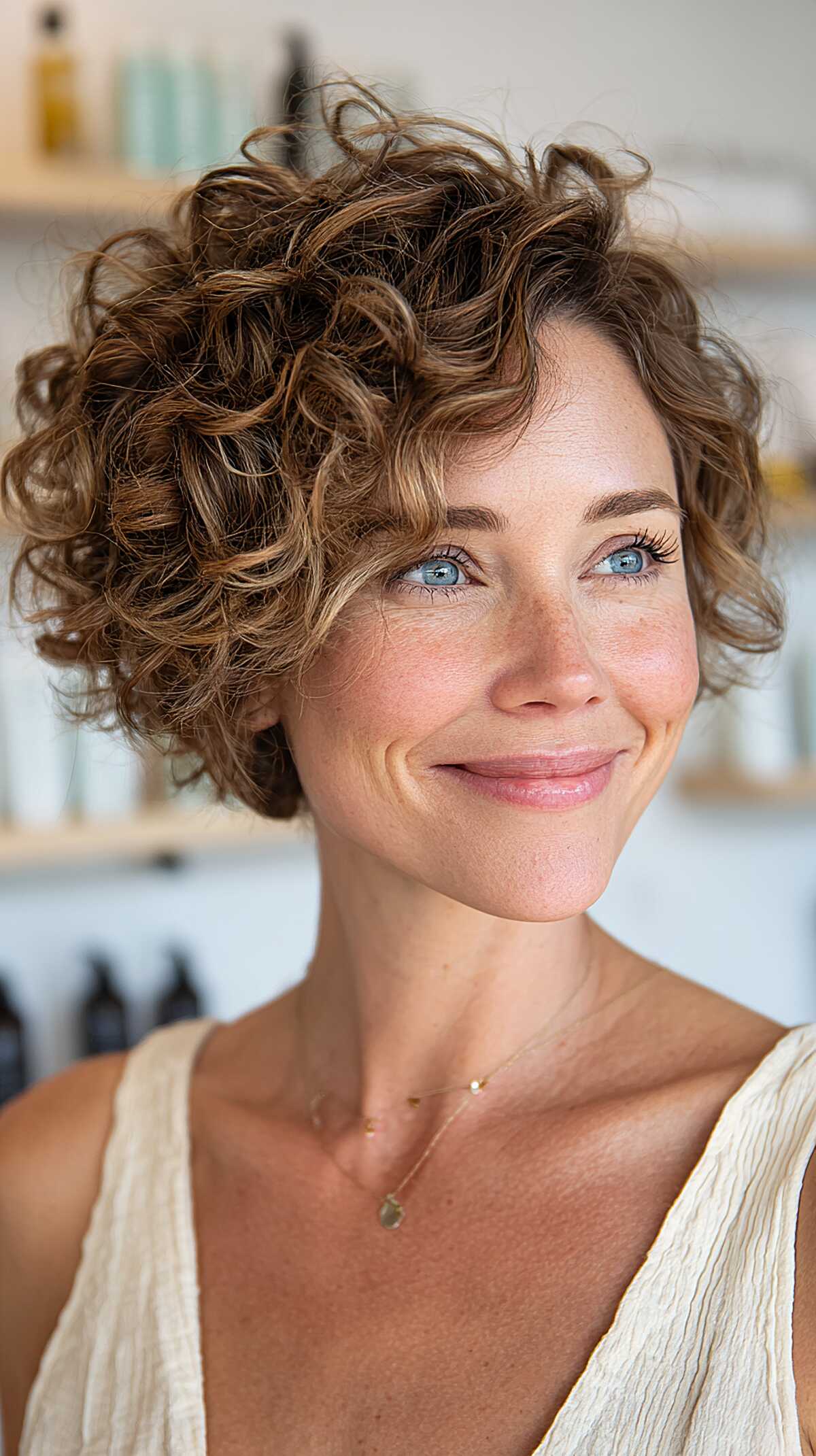 Short curly brown bob with honey blonde face-framing pieces