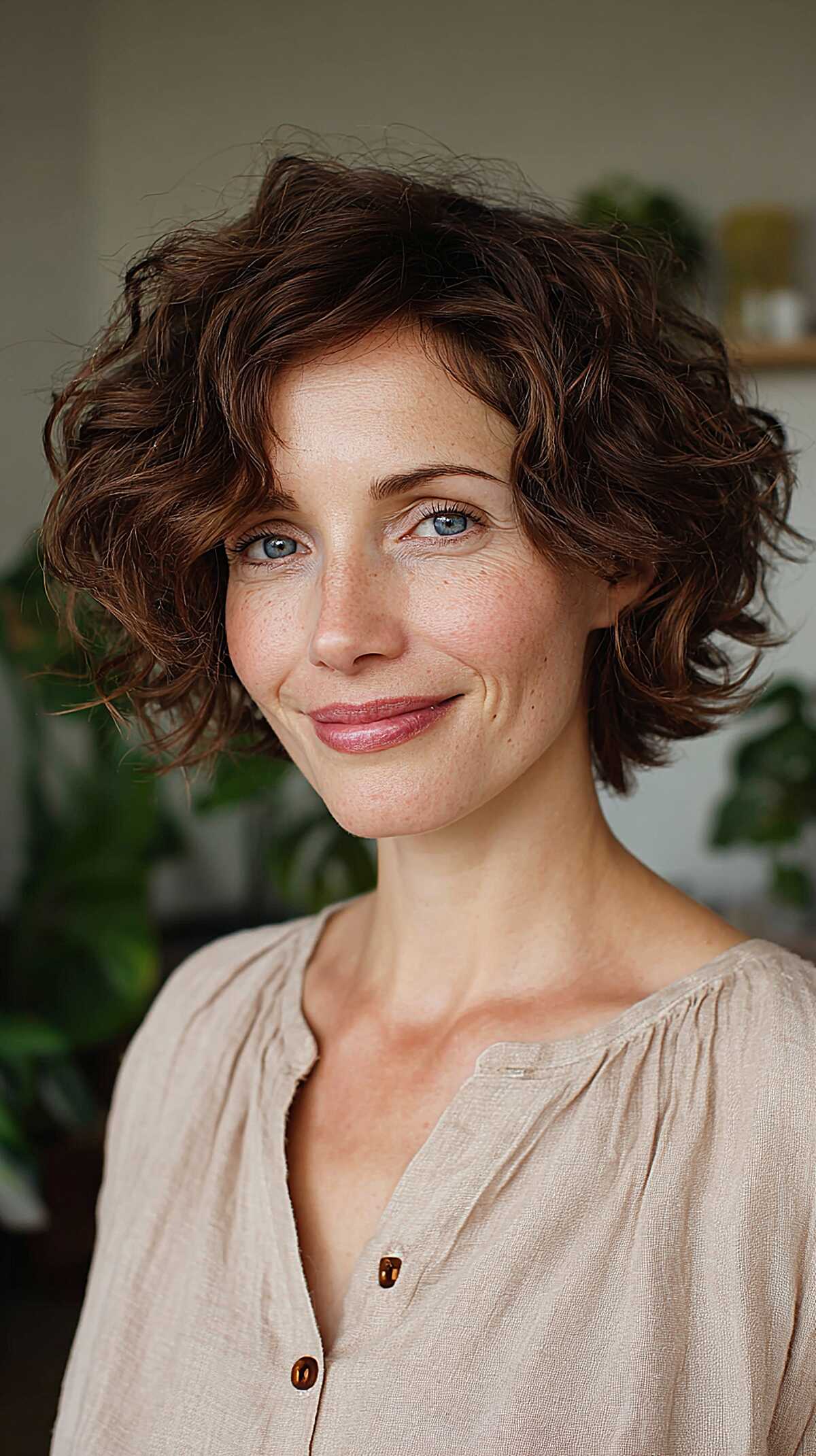 Chestnut brown short wavy bob with tousled texture